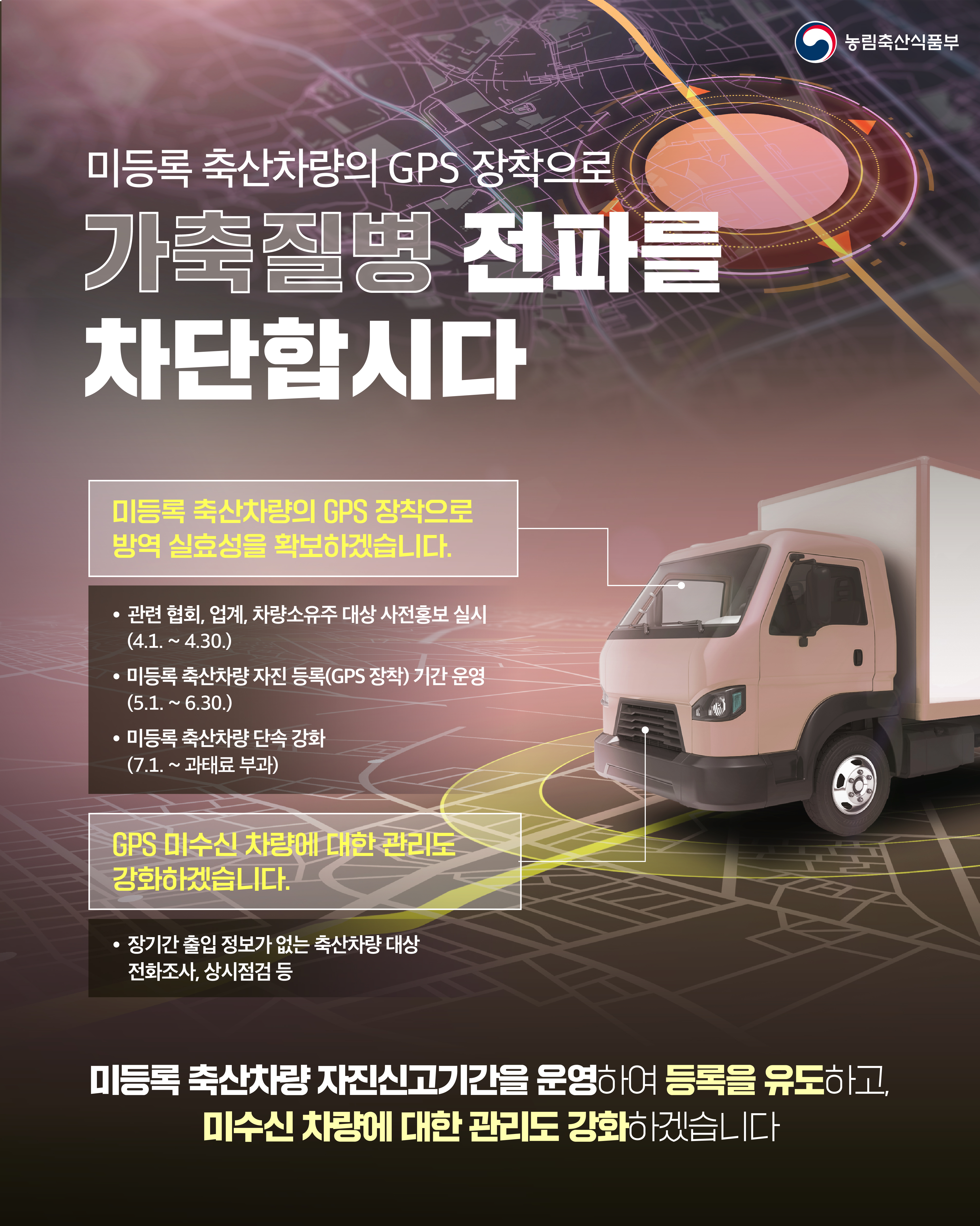 농림축산식품부 미등록 축산차량의 GPS 장착으로 가축질병 전파를 차단합시다 미등록 축산차량의 GPS 장착으로 방역 실효성을 확보하겠습니다. 관련 협회, 업계, 차량소유주 대상 사전홍보 실시(4.1. ~ 4.30.), 미등록 축산차량 자진 등록(GPS 장착) 기간 운영(5.1. ~ 6.30.) 미등록 축산차량 단속 강화(7.1. ~ 과태료 부과) GPS 미수신 차량에 대한 관리도 강화하겠습니다. 장기간 출입 정보가 없는 축산차량 대상 전화조사, 상시점검 등 미등록 축산차량 자진신고기간을 운영하여 등록을 유도 하고, 미수신 차량에 대한 관리도 강화하겠습니다.