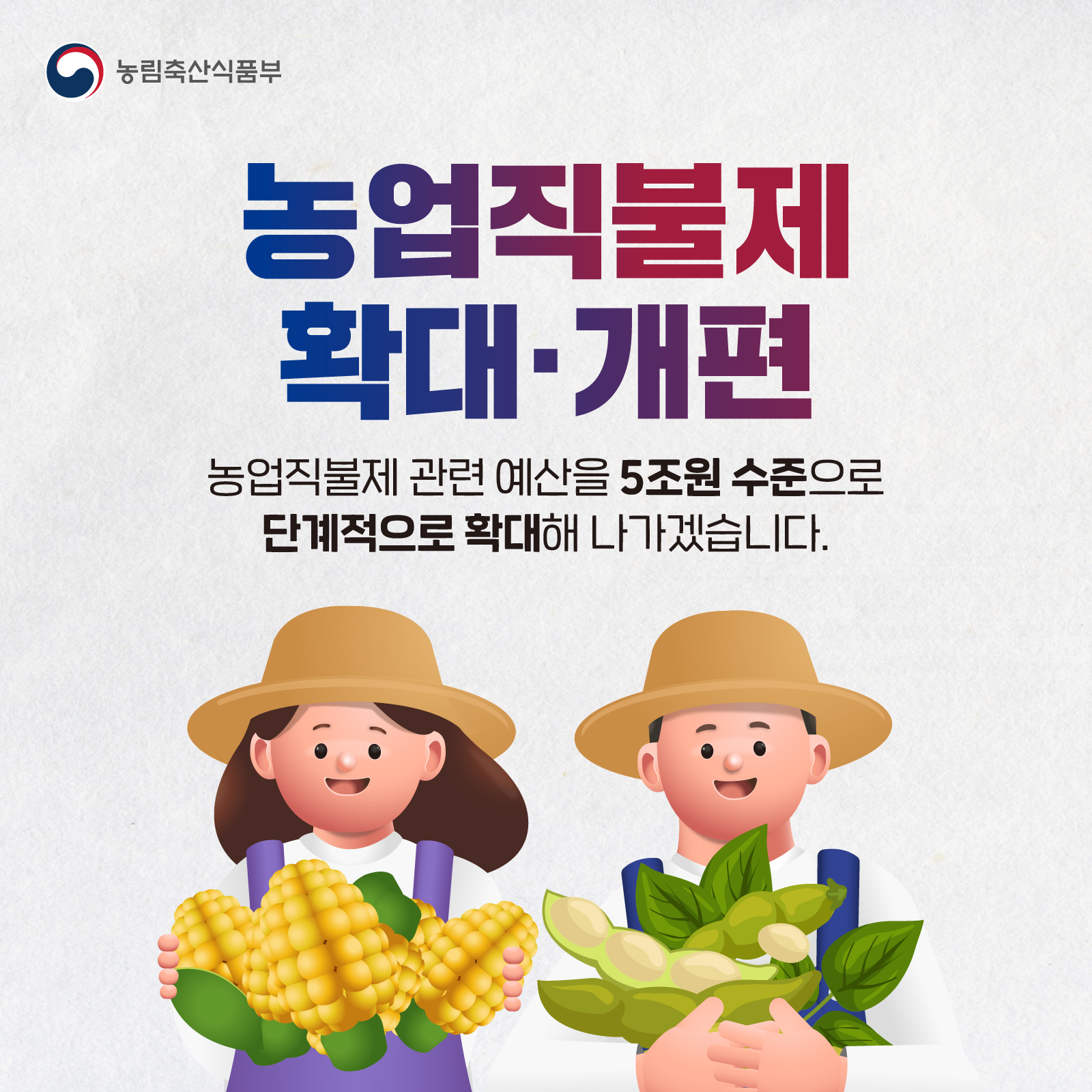 농업직불제 확대·개편 농업직불제 관련 예산을 5조원 수준으로 단계적으로 확대해 나가겠습니다.