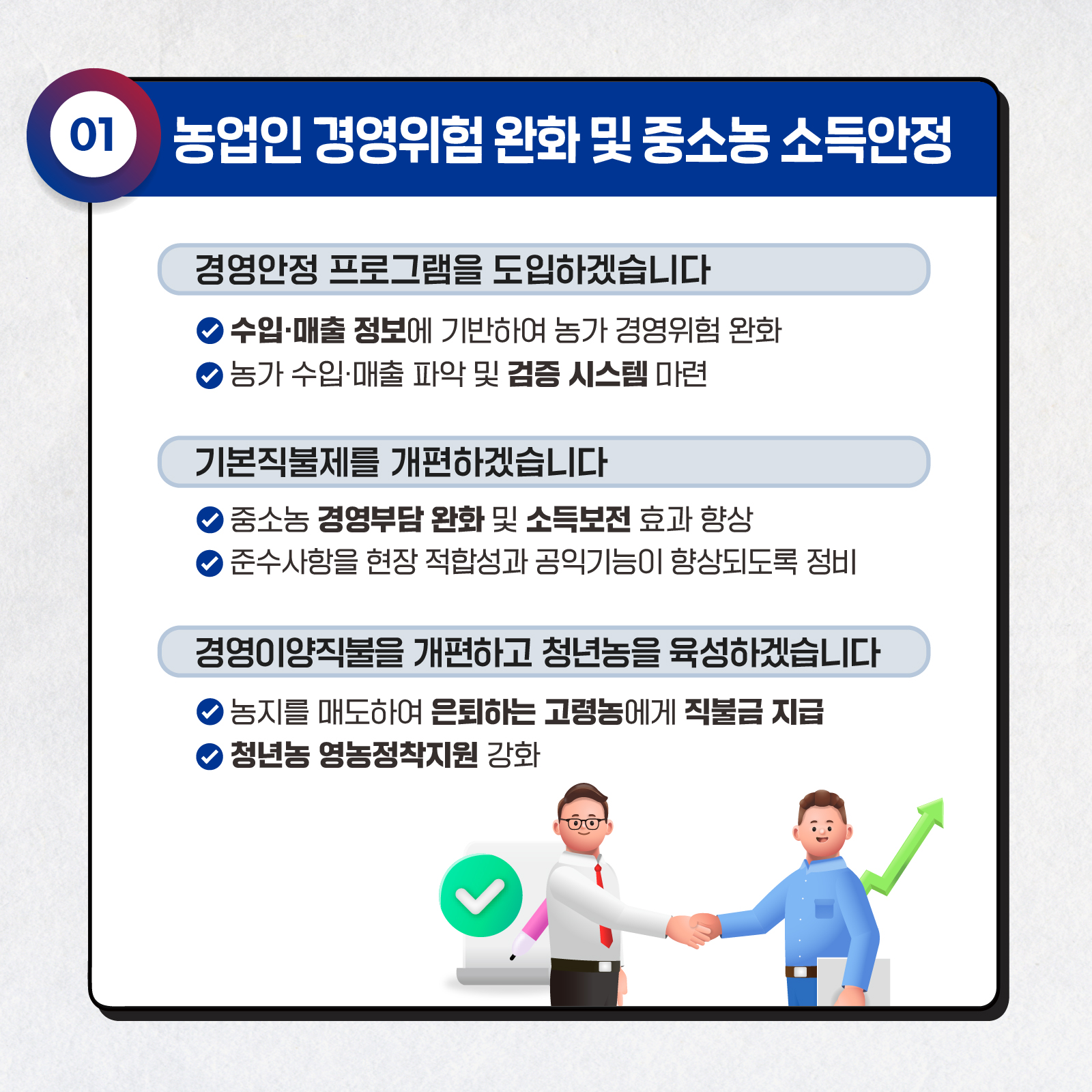 01 1 농업인 경영위험 완화 및 중소농 소득안정 경영안정 프로그램을 도입하겠습니다 ᄋ 수입·매출 정보에 기반하여 농가 경영위험 완화 농가 수입·매출 파악 및 검증 시스템 마련 기본직불제를 개편하겠습니다 중소농 경영부담 완화 및 소득보전 효과 향상 ) 준수사항을 현장 적합성과 공익기능이 향상되도록 정비 경영이양직을 개편하고 청년농을 육성하겠습니다 농지를 매도하여 은퇴하는 고령농에게 직불금 지급 ᄋ 청년농 영농정착지원 강화