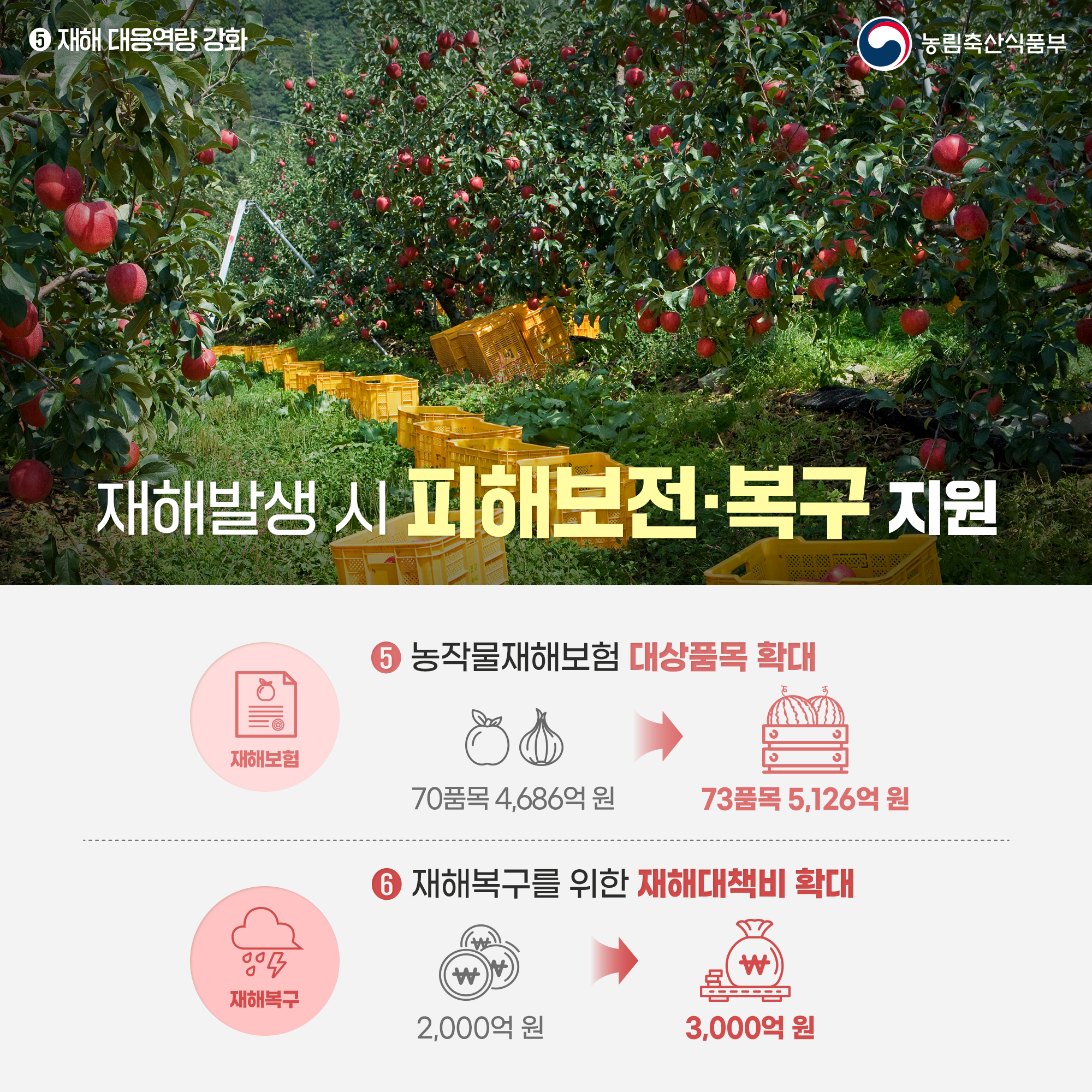 5 재해 대응역량 강화 농림축산식품부 재해발생 시 피해보전·복구 지원 재해보험 5 농작물재해보험 대상품목 확대 70품목 4,686억원 - 73품목 5,126억원 재해복구 6 재해복구를 위한 재해대책비 확대 2,000억원 - 3,000억원