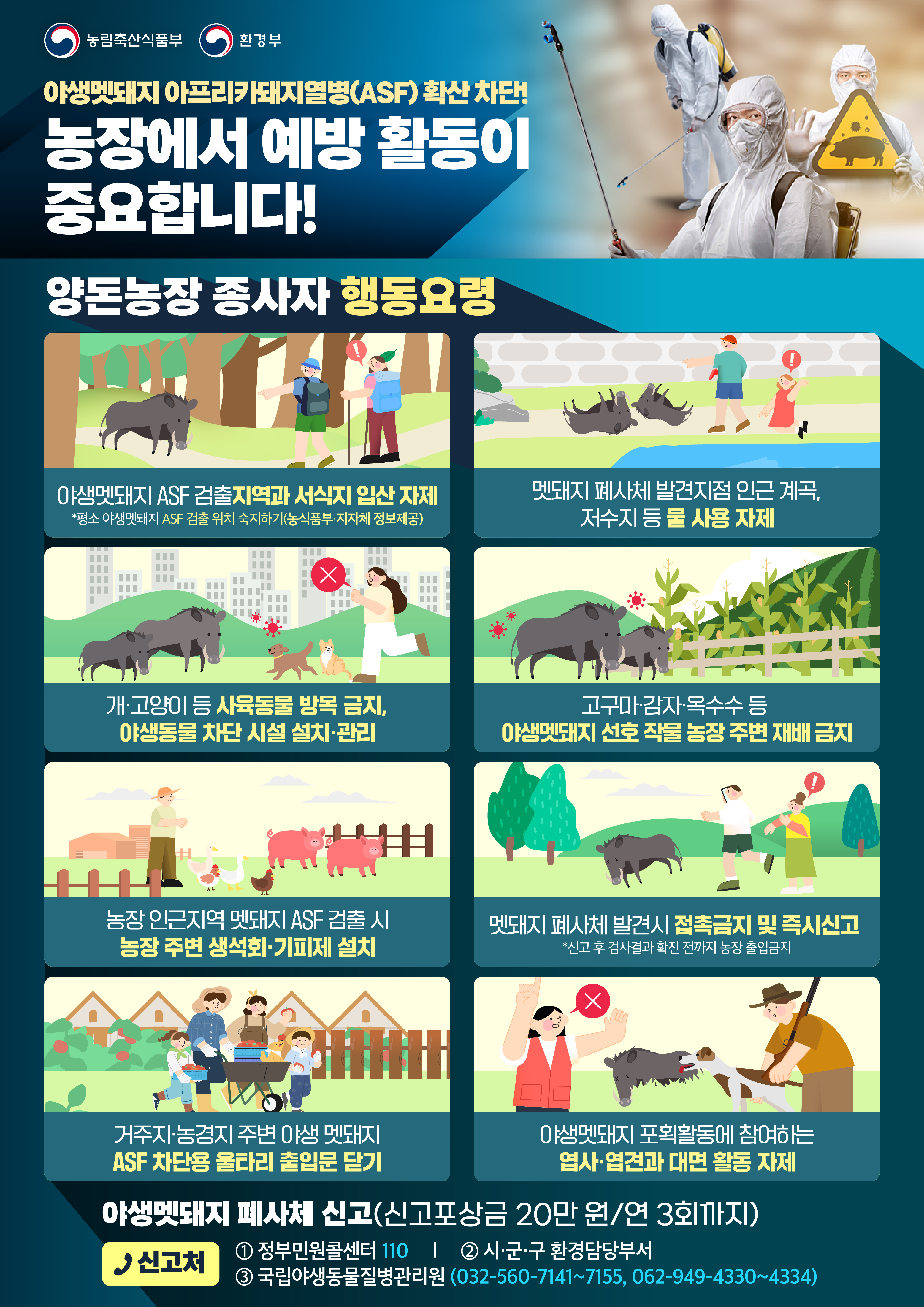 농림축산식품부 O 환경부 야생멧돼지 아프리카돼지열병(ASF) 확산차단! 농장에서 예방활동이 중요합니다! 양돈농장 종사자 행동요령 야생멧돼지 ASF 검출지역과 서식지 입산자제 *평소 야생멧돼지 ASF 검출 위치 숙지하기(농식품부·지자체 정보제공) X 3 X X X X ! 멧돼지 폐사체 발견지점 인근 계곡, 저수지 등 물 사용 자제 개·고양이 등 사육동물 방목 금지, 야생동물 차단 시설 설치·관리 고구마·감자·옥수수 등 야생멧돼지 선호 작물 농장 주변 재배 금지 ᄊ H X X 농장 인근지역 멧돼지 ASF 검출시 농장 주변 생석회·기피제 설치 멧돼지 폐사체 발견시 접촉금지 및 즉시신고 *신고 후 검사결과 확진 전까지 농장 출입금지 X X X 거주지·농경지 주변 야생 멧돼지 ASF 차단용 울타리 출입문 닫기 야생멧돼지 포획활동에 참여하는 엽사·엽견과 대면 활동 자제 야생멧돼지 폐사체 신고(신고포상금 20만원/연 3회까지) 신고처 1 정부민원콜센터 110 | 2 시·군·구 환경담당부서 3 국립야생동물질병관리원 (032-560-7141~7155, 062-949-4330~4334)