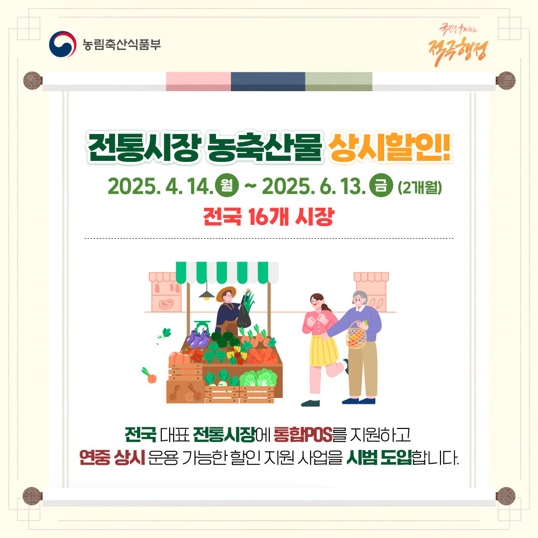  농림축산식품부 국민을 웃게하는 적극행정 전통시장 농축산물 상시할인! 2025.4.14.월~ 2025.6.13.금 (2개월) 전국 16개 시장 전국대표 전통시장에 통합POS를 지원하고 연중 상시 운용 가능한 할인 지원 사업을 시범 도입합니다.