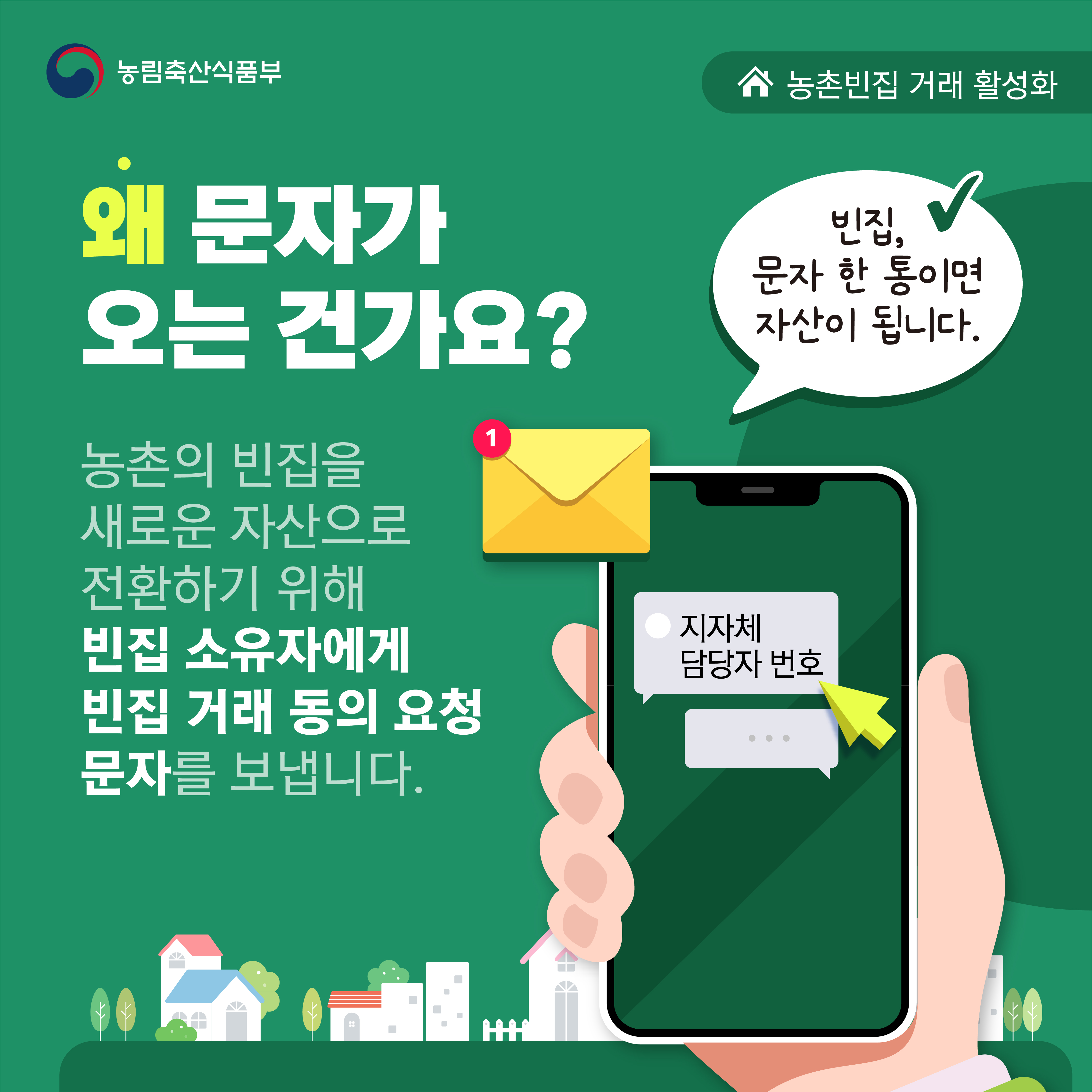 농림축산식품부 농촌빈집 거래 활성화 왜 문자가 오는 건가요? 빈집, 문자 한 통이면 자산이 됩니다. 농촌의 빈집을 새로운 자산으로 전환하기 위해 빈집 소유자에게 빈집 거래 동의 요청 문자를 보냅니다.