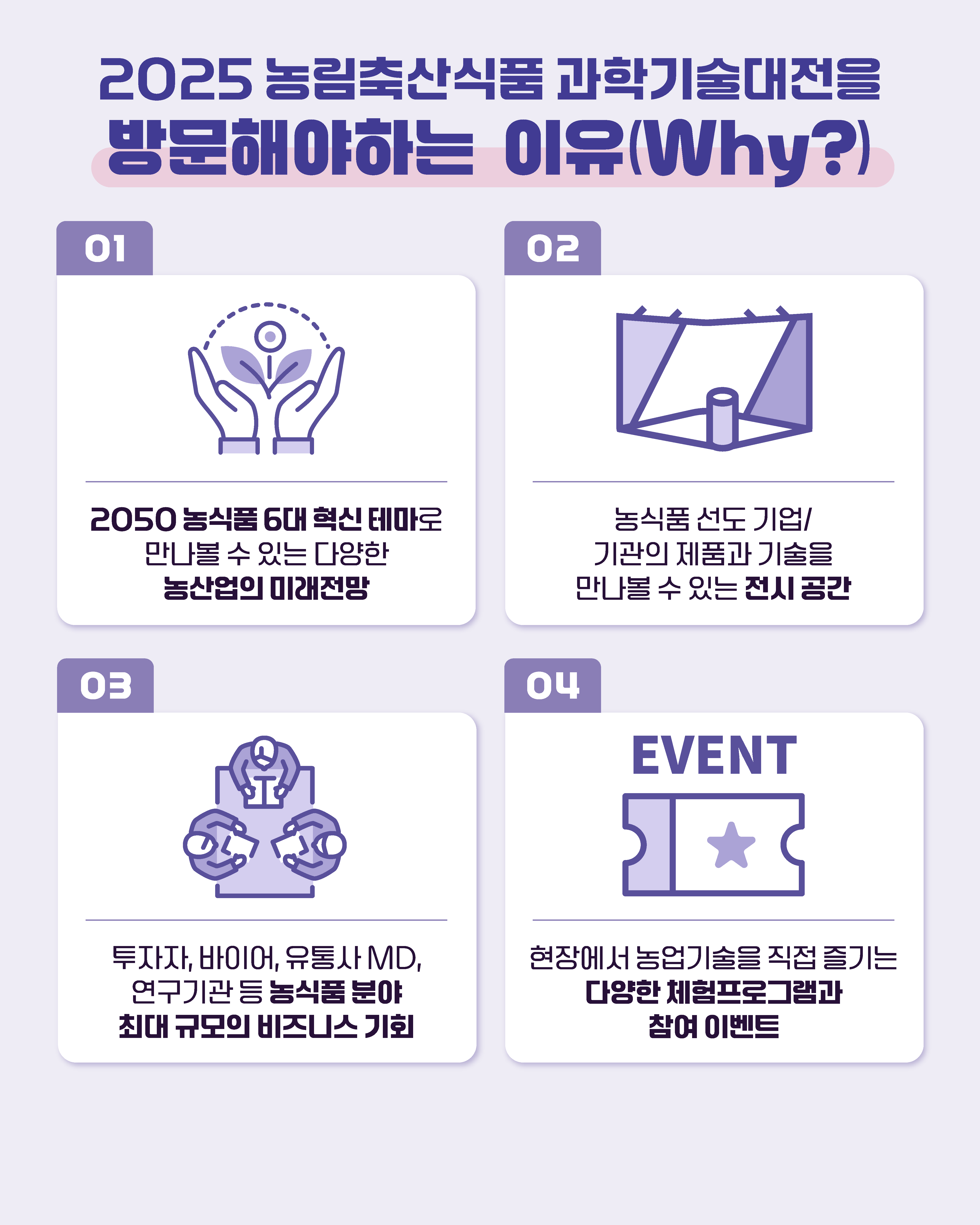 2025 농림축산식품과학기술대전을 방문해야하는 이유(Why?) 01 2050 농식품 6대 혁신 테마로 만나볼 수 있는 다양한 농산업의 미래전망 02 농식품 선도 기업/ 기관의 제품과 기술을 만나볼 수 있는 전시 공간 03 투자자, 바이어, 유통사 MD, 연구기관 등 농식품 분야 최대 규모의 비즈니스 기회 04 현장에서 농업기술을 직접 즐기는 다양한 체험프로그램과 참여 이벤트