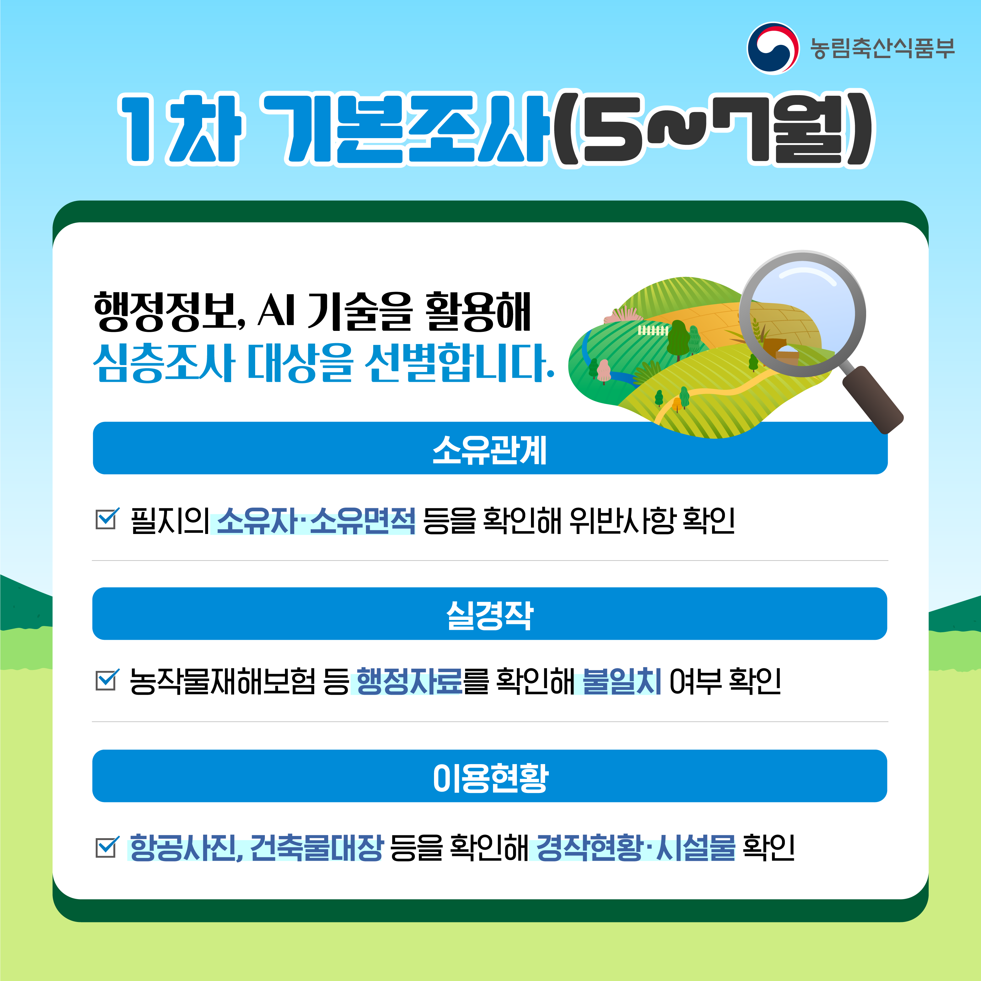 1차 기본조사(5월~7월)  행정정보, AI 기술을 활용해 심층조사 대상을 선별합니다.  소유관계: 필지의 소유자와 소유면적 등을 확인하여 위반사항 확인  실경작: 농작물재해보험 등 행정자료를 확인하여 불일치 여부 확인  이용현황: 항공사진과 건축물대장 등을 확인해 경작현황 및 시설물 확인