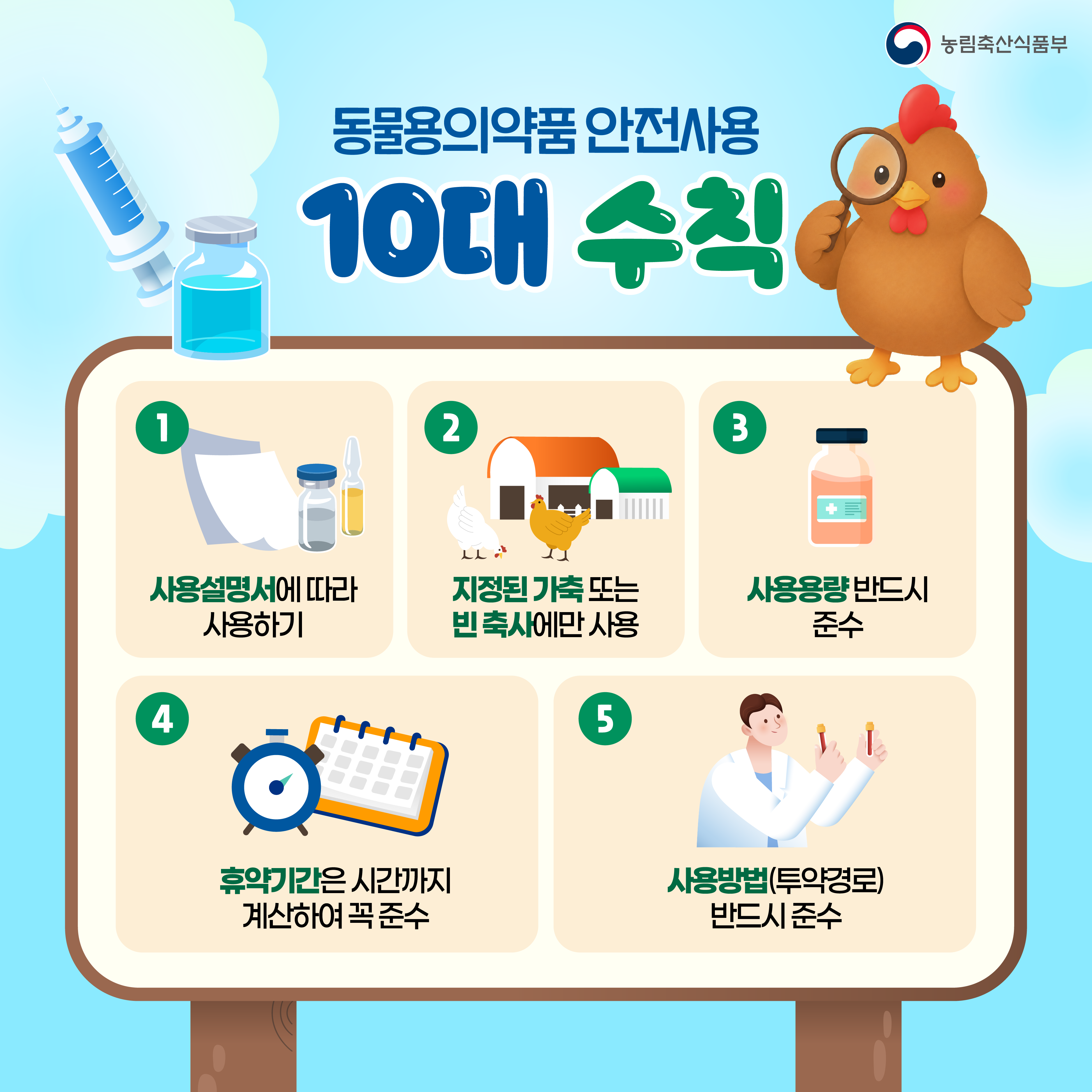 동물용의약품 안전사용 10대 수칙  1. 사용설명서에 따라 사용하기  2. 지정된 가축 또는 빈 축사에만 사용  3. 사용용량 반드시 준수  4. 휴약기간은 시간까지 계산하여 꼭 준수  5. 사용방법(투약경로) 반드시 준수