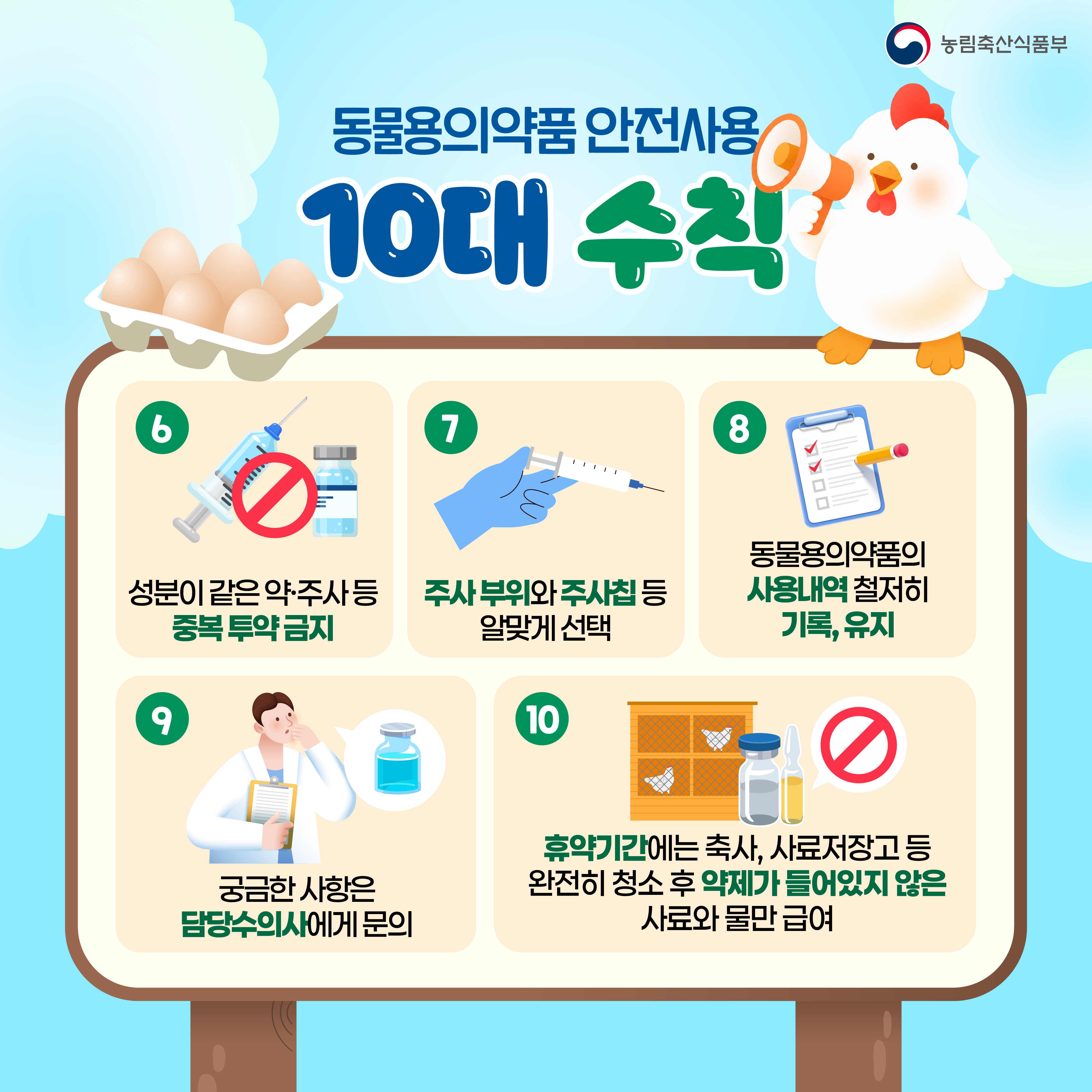 동물용의약품 안전사용 10대 수칙  6. 성분이 같은 약·주사 등 중복 투약 금지  7. 주사 부위와 주사침 등 알맞게 선택  8. 동물용의약품의 사용내역 철저히 기록, 유지  9. 궁금한 사항은 담당수의사에게 문의  10. 휴약기간에는 축사, 사료저장고 등 완전히 청소 후 약제가 들어있지 않은 사료와 물만 급여