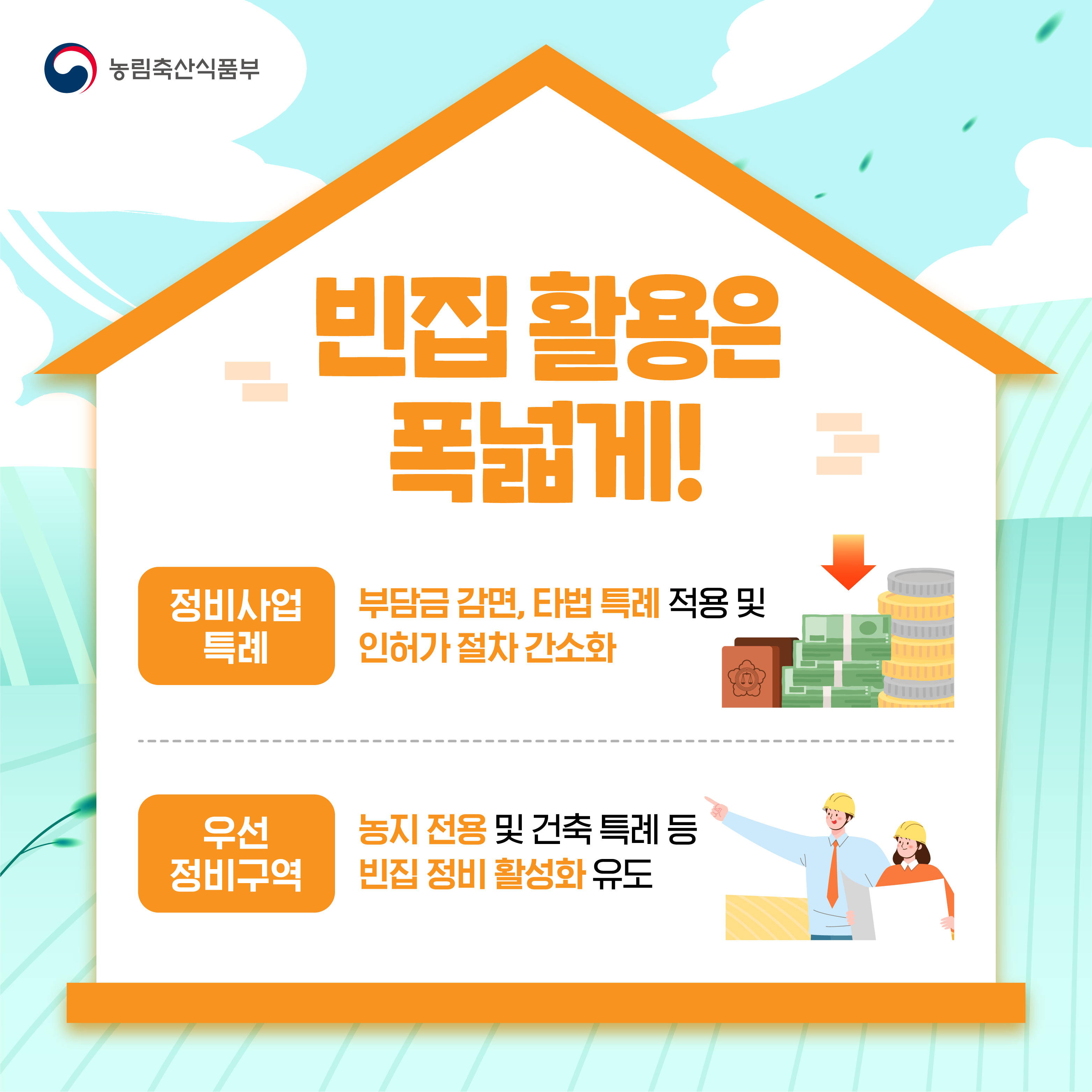 빈집 활용은 폭넓게!  정비사업 특례 부담금 감면, 타법 특례 적용 및 인허가 절차 간소화  우선 정비구역 농지 전용 및 건축 특례 등 빈집 정비 활성화 유도