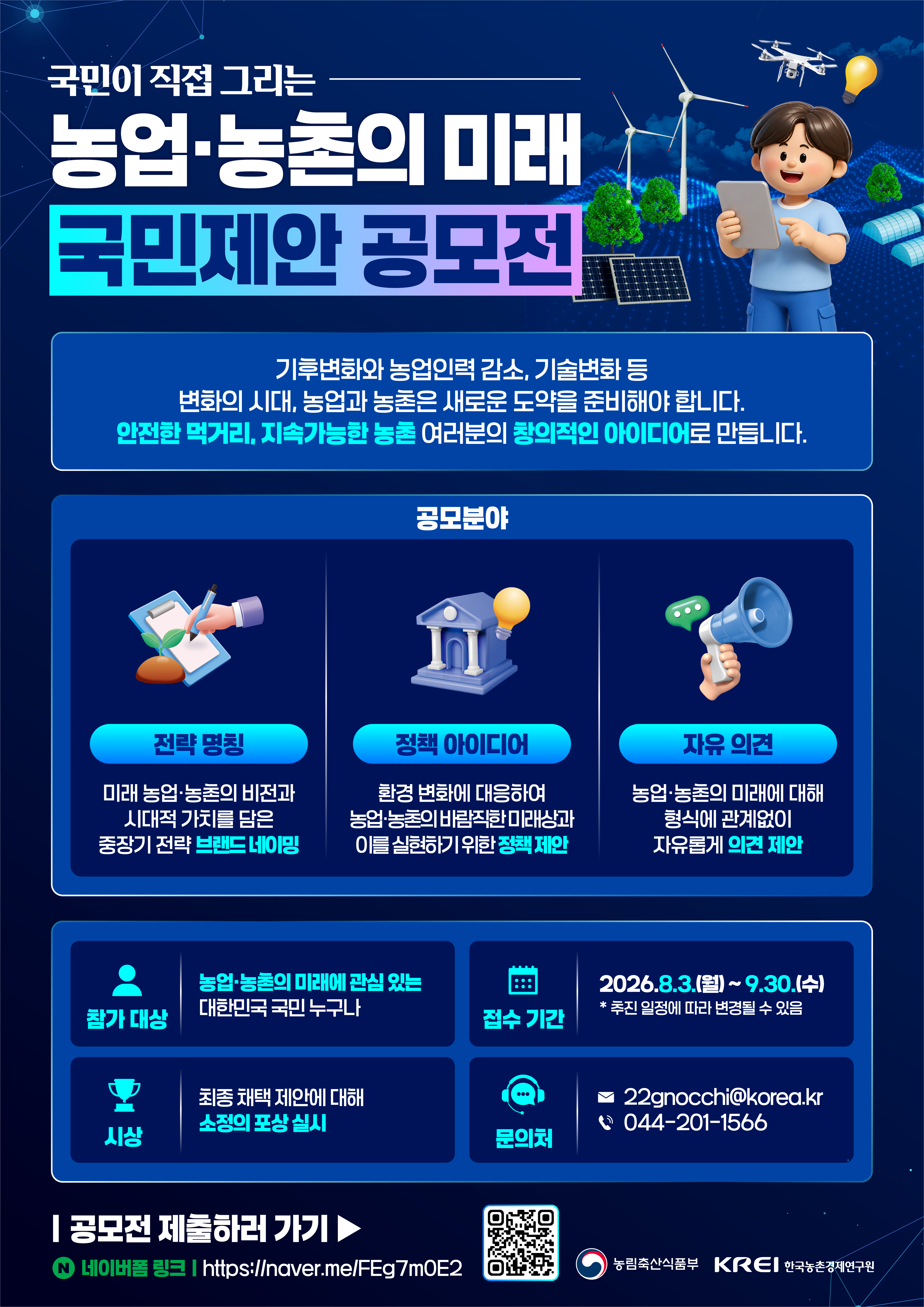국민이 직접 그리는 농업·농촌의 미래 국민제안 공모전  기후변화와 농업인력 감소, 기술변화 등 변화의 시대, 농업과 농촌은 새로운 도약을 준비해야 합니다. 안전한 먹거리, 지속가능한 농촌 여러분의 창의적인 아이디어로 만듭니다.  공모분야  전략 명칭 미래 농업·농촌의 비전과 시대적 가치를 담은 중장기 전략 브랜드 네이밍  정책 아이디어 환경 변화에 대응하여 농업·농촌의 바람직한 미래상과 이를 실현하기 위한 정책 제안  자유 의견 농업·농촌의 미래에 대해 형식에 관계없이 자유롭게 의견 제안  참가 대상 농업·농촌의 미래에 관심 있는 대한민국 국민 누구나  접수 기간 2026.8.3.(월) ~ 9.30.(수) * 추진 일정에 따라 변경될 수 있음  시상 최종 채택 제안에 대해 소정의 포상 실시  문의처 22gnocchi@korea.kr 044-201-1566  공모전 제출하러 가기  네이버폼 링크 https://naver.me/FEg7mOE2  농림축산식품부 KREI 한국농촌경제연구원
