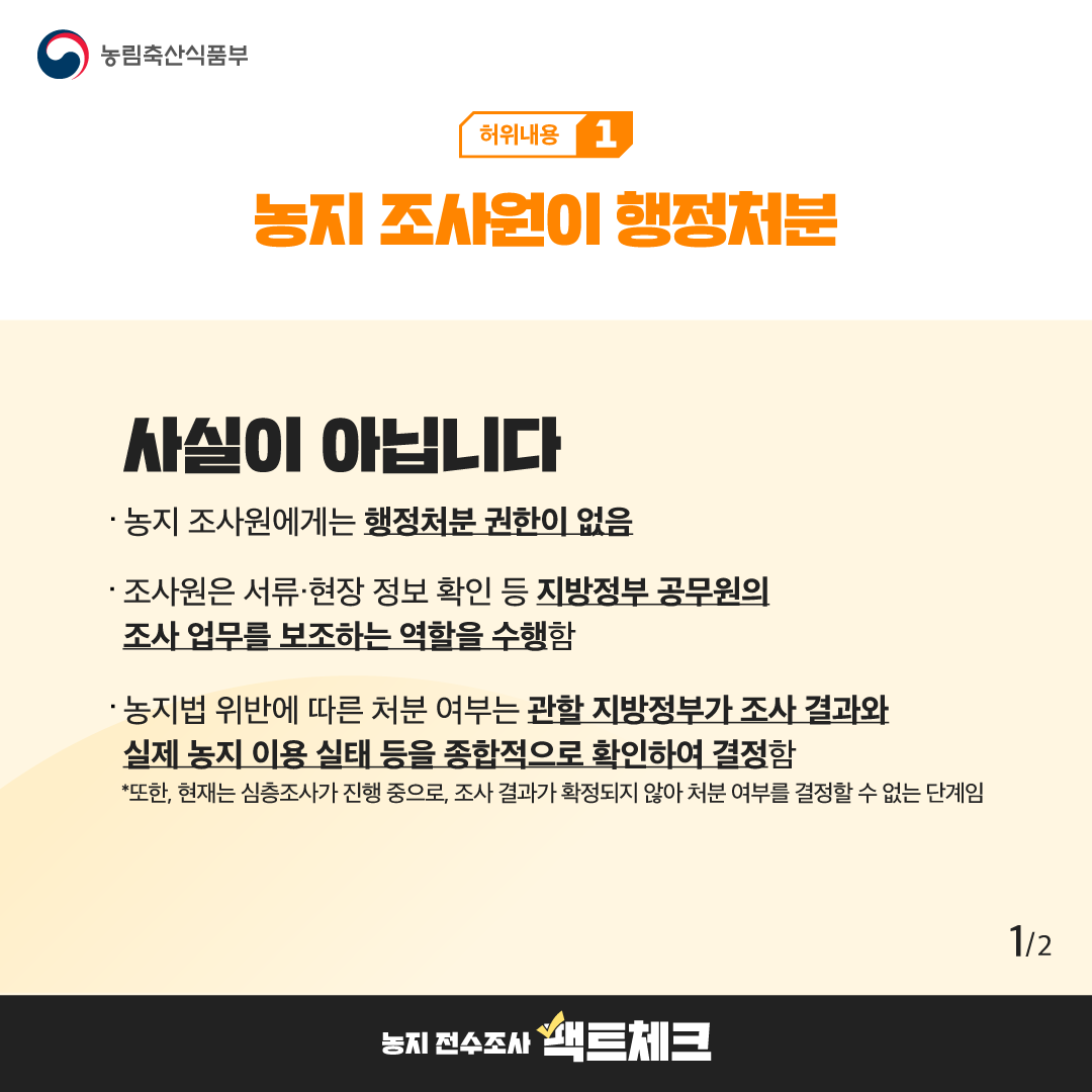 농림축산식품부  허위내용 1  농지 조사원이 행정처분  사실이 아닙니다  · 농지 조사원에게는 행정처분 권한이 없음  · 조사원은 서류·현장 정보 확인 등 지방정부 공무원의 조사 업무를 보조하는 역할을 수행함  · 농지법 위반에 따른 처분 여부는 관할 지방정부가 조사 결과와 실제 농지 이용 실태 등을 종합적으로 확인하여 결정함  *또한, 현재는 심층조사가 진행 중으로, 조사 결과가 확정되지 않아 처분 여부를 결정할 수 없는 단계임  1/2  농지 전수조사 팩트체크