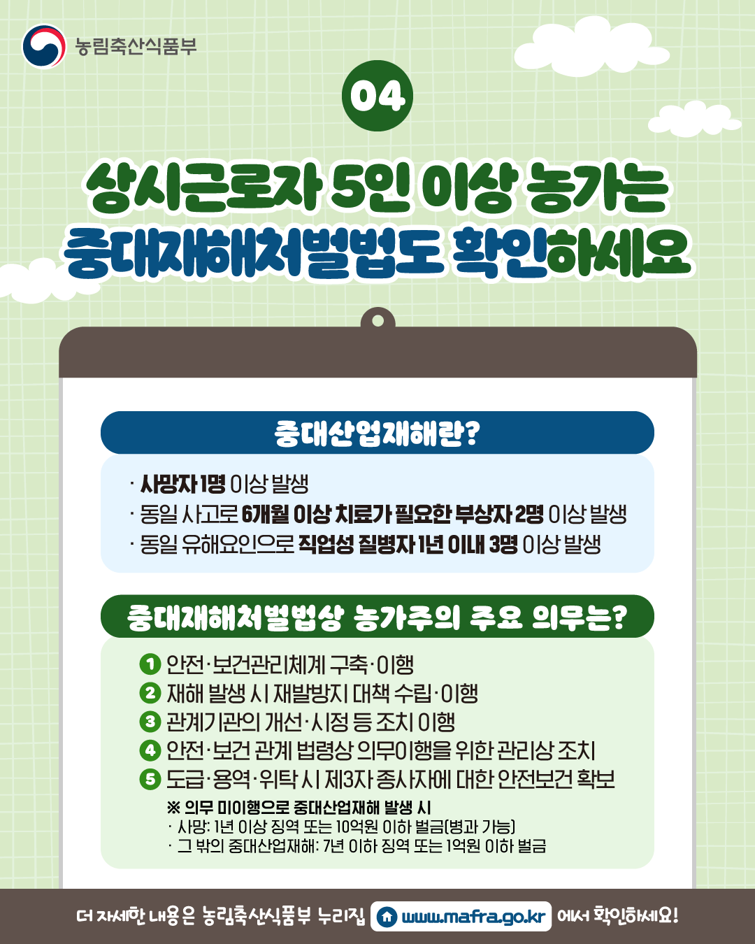 농림축산식품부  04  상시근로자 5인 이상 농가는 중대재해처벌법도 확인하세요  중대산업재해란?  · 사망자 1명 이상 발생 · 동일 사고로 6개월 이상 치료가 필요한 부상자 2명 이상 발생 · 동일 유해요인으로 직업성 질병자 1년 이내 3명 이상 발생  중대재해처벌법상 농가주의 주요 의무는?  ① 안전·보건관리체계 구축·이행 ② 재해 발생 시 재발방지 대책 수립·이행 ③ 관계기관의 개선·시정 등 조치 이행 ④ 안전·보건 관계 법령상 의무이행을 위한 관리상 조치 ⑤ 도급·용역·위탁 시 제3자 종사자에 대한 안전보건 확보  ※ 의무 미이행으로 중대산업재해 발생 시 · 사망: 1년 이상 징역 또는 10억원 이하 벌금(병과 가능) · 그 밖의 중대산업재해: 7년 이하 징역 또는 1억원 이하 벌금  더 자세한 내용은 농림축산식품부 누리집 www.mafra.go.kr 에서 확인하세요!