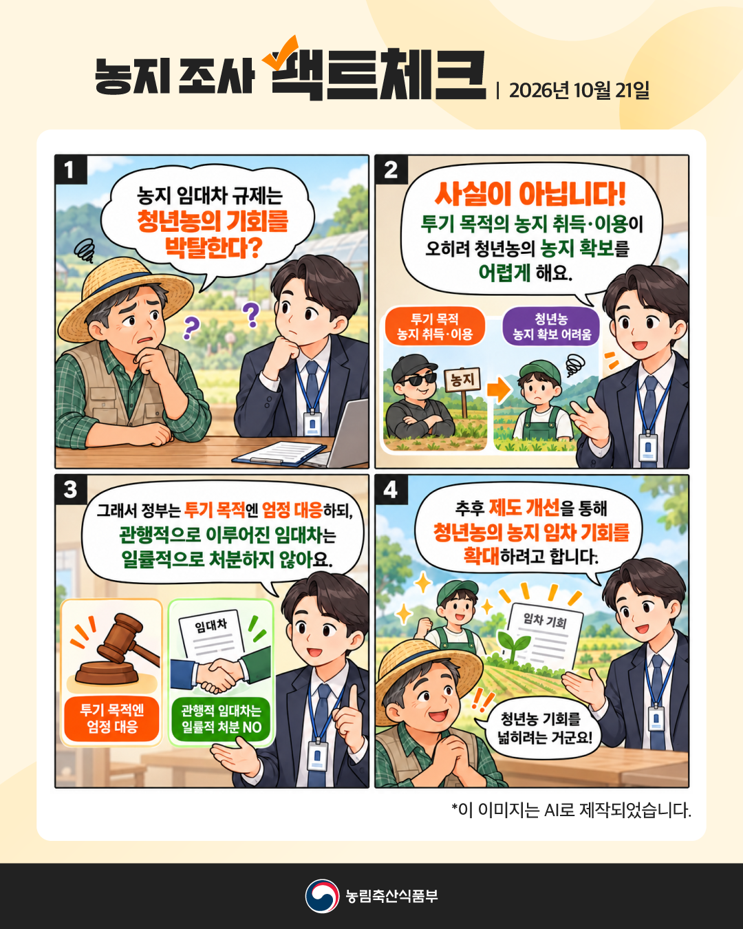 농지조사 팩트체크 | 2026년 10월 21일 1. 농지 임대차 규제는 청년농의 기회를 박탈한다? 2. 사실이 아닙니다! 투기 목적의 농지 취득·이용이 오히려 청년농의 농지 확보를 어렵게 해요. 투기 목적 농지 취득·이용→청년농 농지 확보 어려움 3. 그래서 정부는 투기목적엔 엄정 대응하되, 관행적으로 이루어진 임대차는 일률적으로 처분하지 않아요.  - 투기 목적엔 엄정 대응 - 관행적 임대차는 일률적 처분 NO  4. 추후 제도 개선을 통해 청년농의 농지 임차 기회를 확대하려고 합니다. 청년농 기회를 넓히려는 거군요!  * 이 이미지는 AI로 제작되었습니다. 농림축산식품부