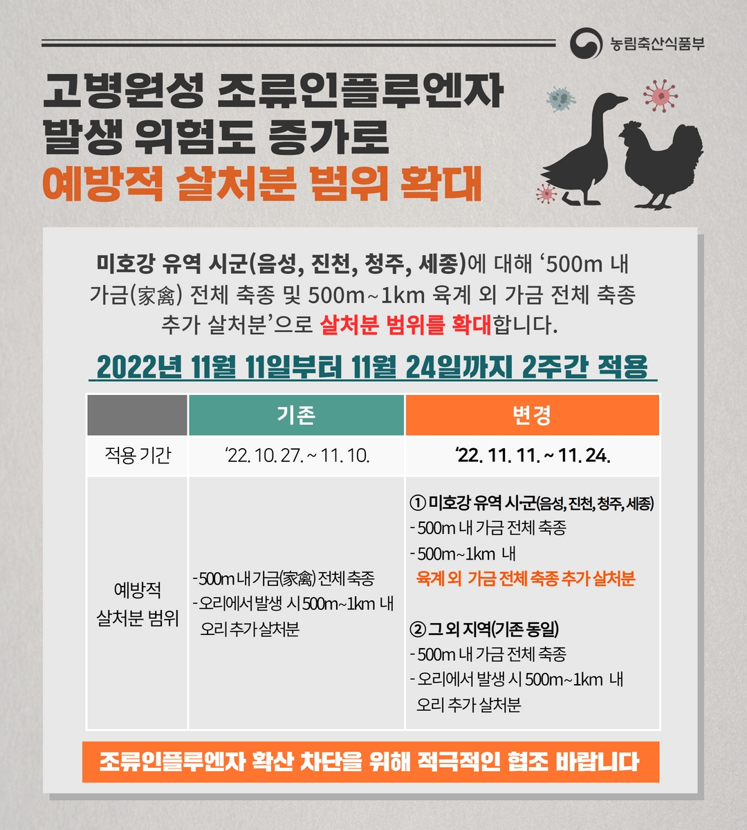 고병원성 조류인플루엔자 발생 위험도 증가로 예방적 살처분 범위 확대 고병원성 조류인플루엔자 발생 위험도 증가로 예방적 살처분 범위 확대.jpg