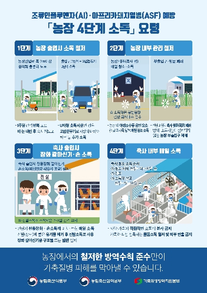 조류인플루엔자(AI)•아프리카돼지열병(ASF) 예방 농장 4단계 소독 요령 대표이미지