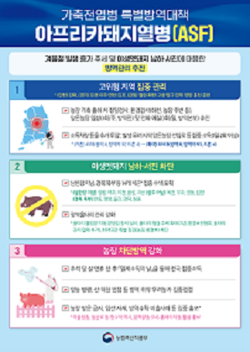 가축전염병 특별방역대책 아프리카돼지열병(ASF) 겨울철 발생 증가 추세 및 야생멧돼지 남하·서진에 대응한 방역관리 추진 1고위험 지역 집중 관리 (인천) 강화, (경기) 포천·파주·연천·김포, (강원) 철원·화천·고성·양구·인제·양양·홍천·춘천 농장 가축 출하 시 정밀검사, 환경검사(하천, 농장 주변 등), 양돈농장 임상(1회/주, 방역관) 및 전화 예찰(1회/일, 방역본부) 추진 □ 소독차량 등을 추가 투입, 발생 우려지역 양돈농장진입로 등 집중 소독(1일 2회 이상) *(기존) 45대(광역 4, 방역차 37, 드론4) → (확대) 105대(광역 8, 방역차 93, 드론 4) 2야생멧돼지 남하서진 차단 남한강이남, 경북북부 등 14개 시군*집중수색·포획 (남한강 이남) 양평, 여주, 이천, 음성, 괴산 (상주 이남) 옥천, 무주, 영동, 김천 (경북 북부) 안동, 영양, 울진, 영덕, 청송 □ 광역울타리 관리 강화 울타리 출입문 자동 문닫힘 장치 설치, 울타리 점검 주체 확대(기존 환경보전협회, 울타리 관리 업체 추가), 취약구간 특별 점검(농림·환경부) 추진 3농장 차단방역 강화 추석 및 설 연휴 전·후 일제소독의 날」을 통해 전국 집중소독 영농 병행, 산·하천 인접 등 방역 취약 우려농가 집중점검 농장 방문 금지, 입산 자제, 방역수칙·미흡사례 등 집중 홍보* *마을방송, 등산로 등 현수막 게시, 문자발송·SNS· 홈페이지 등 활용 홍보 농림축산식품부
