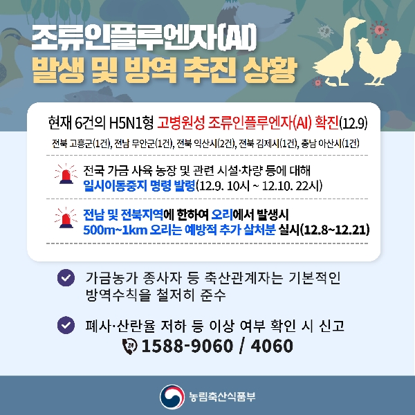 조류인플루엔자(AI) 발생 및 방역 추진 상황 현재 6건의 H5N1형 고병원성 조류인플루엔자(AI) 확진(12.9) 전북 고흥군(1건), 전남 무안군(1건), 전북 익산시(2건), 전북 김제시(1건), 충남 아산시(1건) 전국 가금 사육 농장 및 관련 시설·차량 등에 대해 일시이동중지 명령 발령(12.9. 10시 ~ 12.10. 22시) 전남 및 전북지역에 한하여 오리에서 발생시 500m~1km 오리는 예방적 추가 살처분 실시(12.8~12.21)
