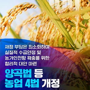 재정 부담은 최소화하며 실질적 수급안정 및 농가안전망 확충을 위한 합리적 대안 마련 양곡법 등 농업 4법 개정