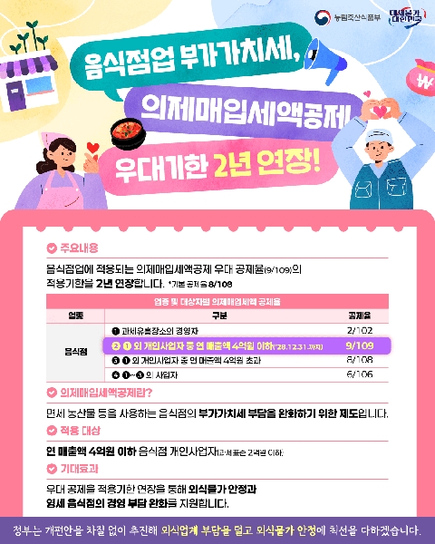 농림축산식품부 대체불가 대한민국  음식점업 부가가치세, 의제매입세액공제 우대기한 2년 연장!  주요내용 -음식점업에 적용되는 의제매입세액공제 우대 공제율(9/109)의 적용기한을 2년 연장합니다. *기본 공제율 8/108  업종 및 대상자별 의제매입세액 공제율  업종 음식점  구분 ① 과세유흥장소의 경영자 공제율 2/102  ② ① 외 개인사업자 중 연 매출액 4억원 이하('28.12.31.까지) 공제율 9/109  ③ ① 외 개인사업자 중 연 매출액 4억원 초과 공제율 8/108  ④ ①~③ 외 사업자 공제율 6/106  의제매입세액공제란? -면세 농산물 등을 사용하는 음식점의 부가가치세 부담을 완화하기 위한 제도입니다.  적용 대상 -연 매출액 4억원 이하 음식점 개인사업자(과세표준 2억원 이하)  기대효과 -우대 공제율 적용기한 연장을 통해 외식물가 안정과 영세 음식점의 경영 부담 완화를 지원합니다.  정부는 개편안을 차질 없이 추진해 외식업계 부담을 덜고 외식물가 안정에 최선을 다하겠습니다.