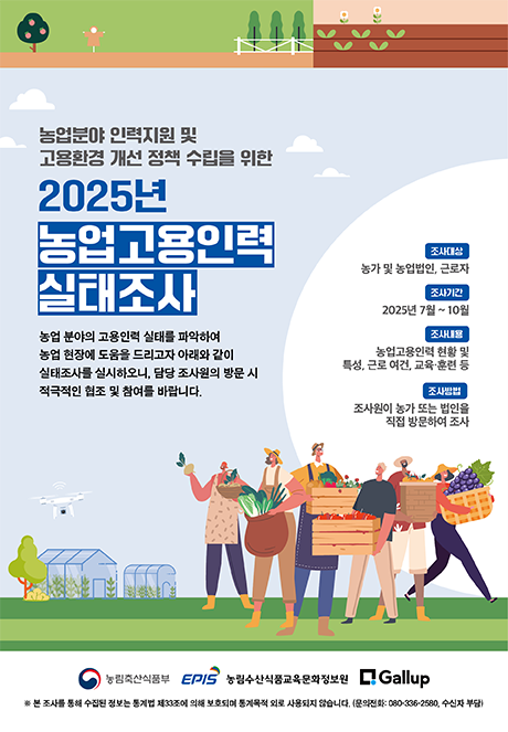 농업분야 인력지원 및 고용환경 개선 정책 수립을 위한 2025년 농업고용인력실태조사 농업 분야의 고용인력 실태를 파악하여 농업 현장에 도움을 드리고자 아래와 같이 실태조사를 실시하오니, 담당 조사원의 방문 시 적극적ㅇ니 협조 및 참여를 바랍니다. (조사대상) 농가 및 농업법인, 근로자 (조사기간)2025년 7월 ~ 10월 (조사내용) 농업고용인력 현황 및 특성, 근로 여건, 교육·훈련 등 (조사방법) 조사원이 농가 또는 법인을 직접 방문하여 조사  (농림축산식품부 로고)(EPIS 농림수산식품교육문화정보원 로고) (Gallup 로고) ※ 본 조사를 통해 수집된 정보는 통계법 제33조에 의해 보호되며 통계목적 외로 사용되지 않습니다.(문의전화 : 080-336-2580, 수신자 부담)