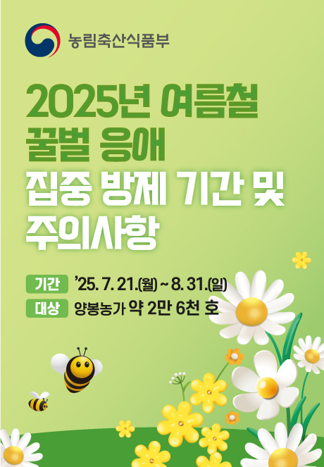 2025년 여름철 꿀벌 응애 집중 방제 기간 및 주의사항 기간 `25.7.21.(월) 8.31.(일) 대상 양봉농가 약 2만 6천 호