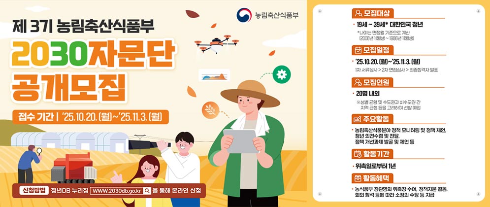 (농림축산식품부 로고) 제 3기 농림축산식품부 2030 자문단 공개 모집 [접수기간 | '25.10.20.(월)~'25.11.3.(월)]  [모집대상] - 19세~39세* 대한민국 청년 *나이는 면접월 기준으로 계산 (2006년 11월생~1986년 11월생) [모집일정] - '25.10.20.(월) ~'25.11.3.(월) 1차 서류심사 → 2차 면접심사 → 최종합격자 발표 [모집인원] - 20명 내외 ※ 성별 균형 및 수도권과 비수도권 간 지역 균형 등을 고려하여 선발 예정 [주요활동] - 농림축산식품분야 정책 모니터링 및 정책 제언, 청년 의견수렴 및 전달, 정책 개선과제 발굴 및 제언 등 [활동기간] -위촉일로부터 1년 [활동혜택] - 농식품부 장관명의 위촉장 수여, 정책자문 활동, 회의 참석 등에 따라 소정의 수당 등 지급   [신청방법] 청년DB 누리집 WWW.2030db.go.kr을 통해 온라인 신청