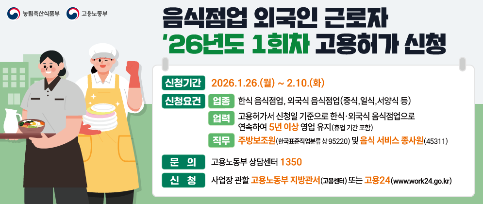 (농림축산식품부)(고용노동부)  음식점업 외국인 근로자 '26년도 1회차 고용허가 신청 (신청기간)2026.1.26.(월)~2.10.(화) (신청요건) (업종) 한식 음식점업, 외국식 음식점업(중식,일식,서양식 등) (업력) 고용허가서 신청일 기준으로 한식·외국식 음식점업으로 연속하여 5년 이상 영업 유지(휴업 기간 포함) 직무 주방보조원(한국표준직업분류상 95220) 및 음식 서비스 종사원(45311) (문의) 고용노동부 상담센터 1350 (신청) 사업장 관할 고용노동부 지방관서(고용센터) 또는 고용24(www.work24.go.kr)