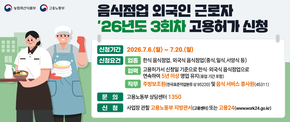 농림축산식품부 고용노동부  음식점업 외국인 근로자 '26년도 3회차 고용허가 신청  신청기간 2026.7.6.(월) ~ 7.20.(월)  신청요건  업종 한식 음식점업, 외국식 음식점업(중식, 일식, 서양식 등)  업력 고용허가서 신청일 기준으로 한식·외국식 음식점업으로 연속하여 5년 이상 영업 유지(휴업 기간 포함)  직무 주방보조원(한국표준직업분류 상 95220) 및 음식 서비스 종사원(45311)  문의 고용노동부 상담센터 1350  신청 사업장 관할 고용노동부 지방관서(고용센터) 또는 고용24(www.work24.go.kr)