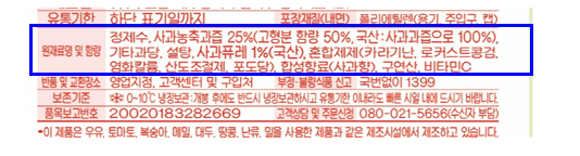 사과주스 원재료명 및 함량 : 정제수, 사과농축과즙 25%(고형분 함량 50%, 국산:사과즙으로 100%), 기타과당, 설탕, 사과퓨레1%(국산), 혼합제제(카라기난, 로커스트콩검, 염화칼륨, 산도조절제, 포도당), 합성향료(사과향), 구연산, 비타민C