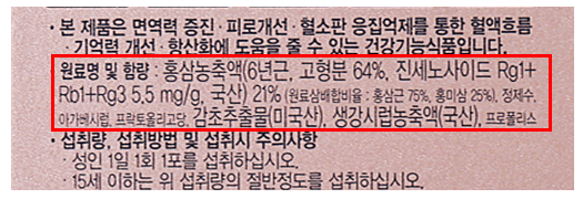 홍삼농축액 원료명 및 함량 : 홍상농축액(6년근, 고형분 64%, 진세노사이드 Rg1+Rb1+Rg3 5.5mg/g, 국산)21%(원료삼배합비율 :  홍삼근 75%, 홍미삼 25%), 정제수, 아가베시럽, 프락토올리고당, 감초추출물(미국산), 생각시럽농축액(국산), 프로폴리스