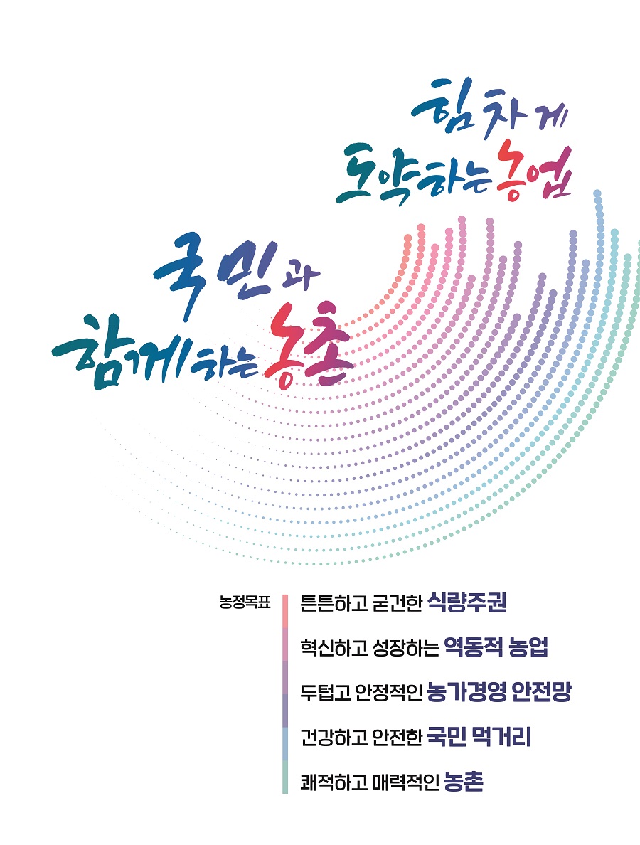 (타이틀) 힘차게 도약하는 농업, 국민과 함께하는 농촌, (농정목표) 튼튼하고 굳건한 식량주권, 혁신하고 성장하는 역동적 농업, 두텁고 안정적인 농가경영 안전망, 건강하고 안전한 국민 먹거리, 쾌적하고 매력적인 농촌