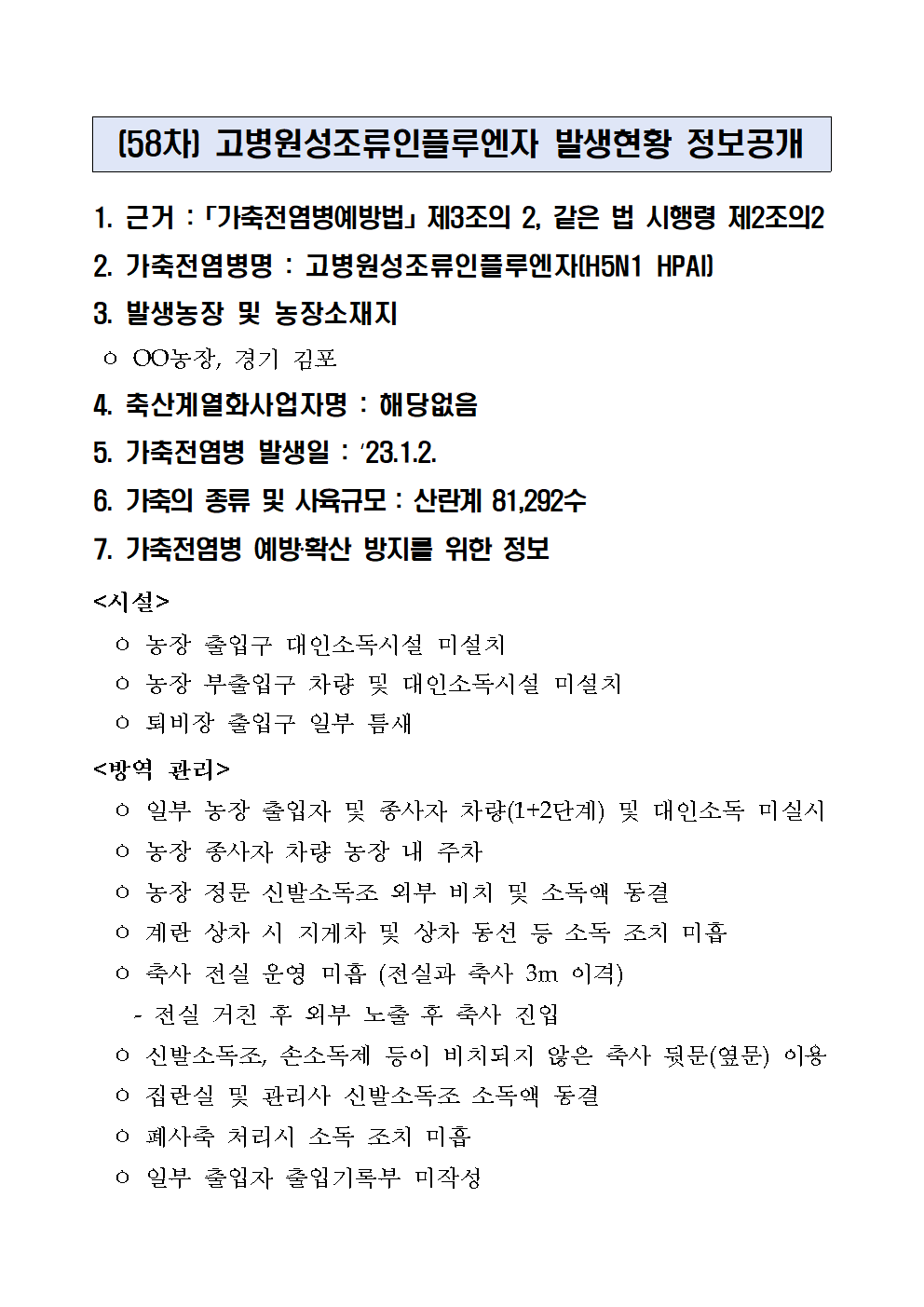 (58차) 고병원성조류인플루엔자 발생현황 정보공개
1. 근거 :「가축전염병예방법」제3조의 2, 같은 법 시행령 제2조의2
2. 가축전염병명 : 고병원성조류인플루엔자(H5N1 HPAI)
3. 발생농장 및 농장소재지
 ㅇ OO농장, 경기 김포
4. 축산계열화사업자명 : 해당없음5. 가축전염병 발생일 : ‘23.1.2.6. 가축의 종류 및 사육규모 : 산란계 81,292수7. 가축전염병 예방‧확산 방지를 위한 정보<시설>
  ㅇ 농장 출입구 대인소독시설 미설치
  ㅇ 농장 부출입구 차량 및 대인소독시설 미설치
  ㅇ 퇴비장 출입구 일부 틈새
<방역 관리>
  ㅇ 일부 농장 출입자 및 종사자 차량(1+2단계) 및 대인소독 미실시
  ㅇ 농장 종사자 차량 농장 내 주차
  ㅇ 농장 정문 신발소독조 외부 비치 및 소독액 동결
  ㅇ 계란 상차 시 지게차 및 상차 동선 등 소독 조치 미흡
  ㅇ 축사 전실 운영 미흡 (전실과 축사 3m 이격)
    - 전실 거친 후 외부 노출 후 축사 진입
  ㅇ 신발소독조, 손소독제 등이 비치되지 않은 축사 뒷문(옆문) 이용
  ㅇ 집란실 및 관리사 신발소독조 소독액 동결
  ㅇ 폐사축 처리시 소독 조치 미흡
  ㅇ 일부 출입자 출입기록부 미작성