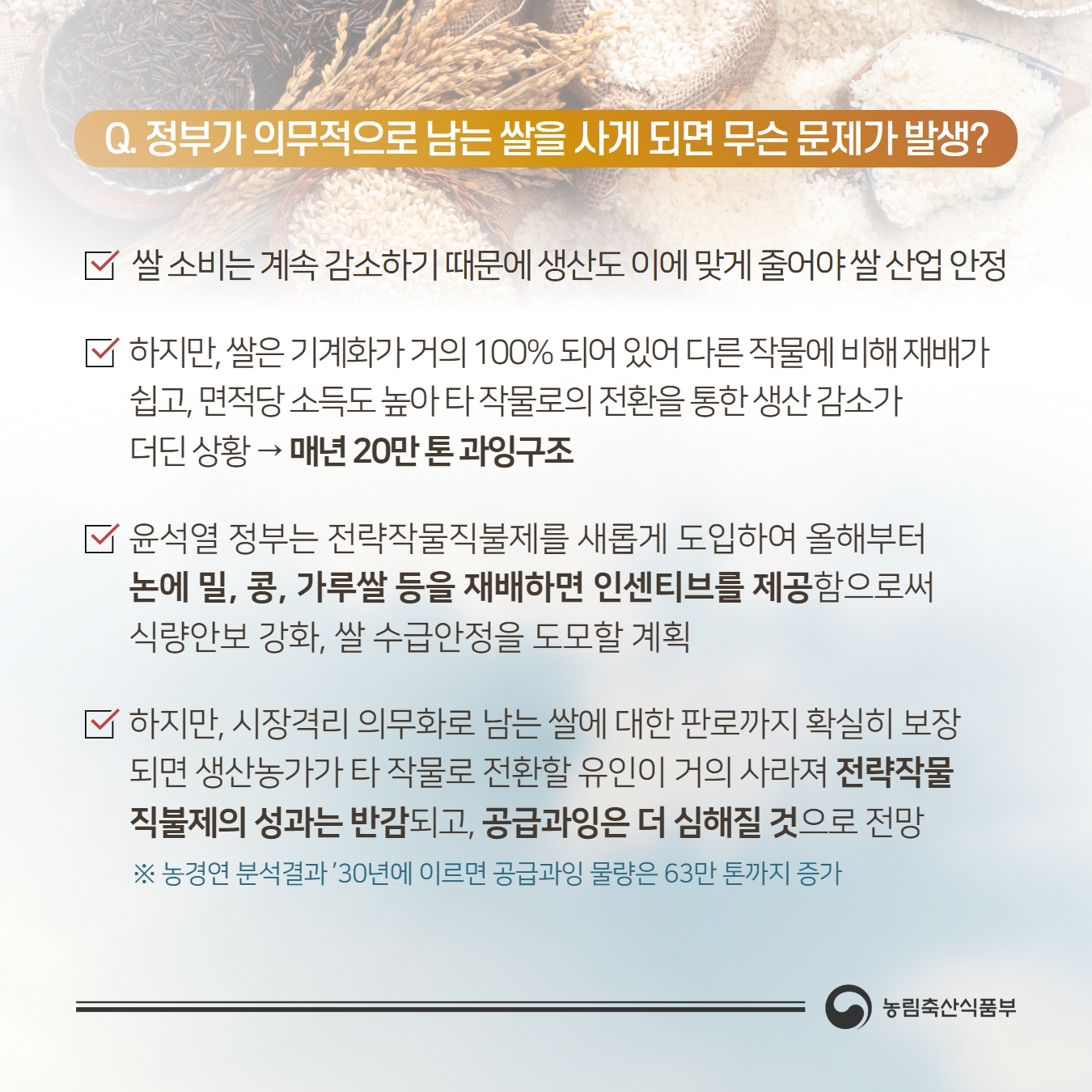 Q. 정부가 의무적으로 남는 쌀을 사게 되면 무슨 문제가 발생? 쌀소비는 계속 감소하기 때문에 생산도 이에 맞게 줄어야 쌀 산업 안정 하지만， 쌀은 기계화가 거의 100% 되어 있어 다른작물에 비해 재배가 쉽고， 면적당 소득도높아 타작물로의 전환을통한생산 감소가 더딘 상황 → 매년 20만톤과잉구조, 윤석열 정부는 전략작물직불제를 새롭게 도입하여 올해부터 논에 밀， 콩， 가루쌀 등을 재배하면 인센티브를 제공함으로써 식량안보 강화， 쌀 수급안정을 도모할 계획, 하지만， 시장격리 의무화로 남는 쌀에 대한 판로까지 확실히 보장 되면 생산농가가 타 작물로 전환할 유인이 거의 사라져 전략작물 직불제의 성과는 반감되고， 공급과잉은 더 심해질 것으로 전망  ※ 농경연 분석결과 '30년에 이르면 공급과잉 물량은 63만 톤까지 증가 농림축산식품부