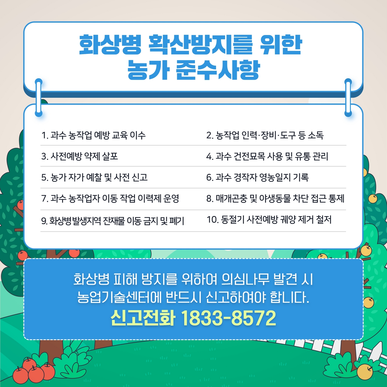 화상병 확산방지를 위한 농가 준수사항 1 . 과수 농작업 예방 교육 이수 2. 농작업 인력 ·장비 ·도구 등 소독 3. 사전예방 약제 살포 4. 과수 건전묘목 사용 및 유통 관리 5. 농가 자가 예찰 및 사전 신고 6. 과수 경작자 영농일지 기록 7. 과수 농작업자 이동 작업 이력제 운영 8. 매개곤충 및 야생동물 차단 접근 통제 9. 화싱병발생지역 잔재물 아동금지 및 폐기 10. 동절기 사전예방 궤양 제거 철저 화상병 피래 방지를 위하여 의심나무 발견 시 농업기술센터에 반드시 신고하여야합니다. 신고전화 1833-8572