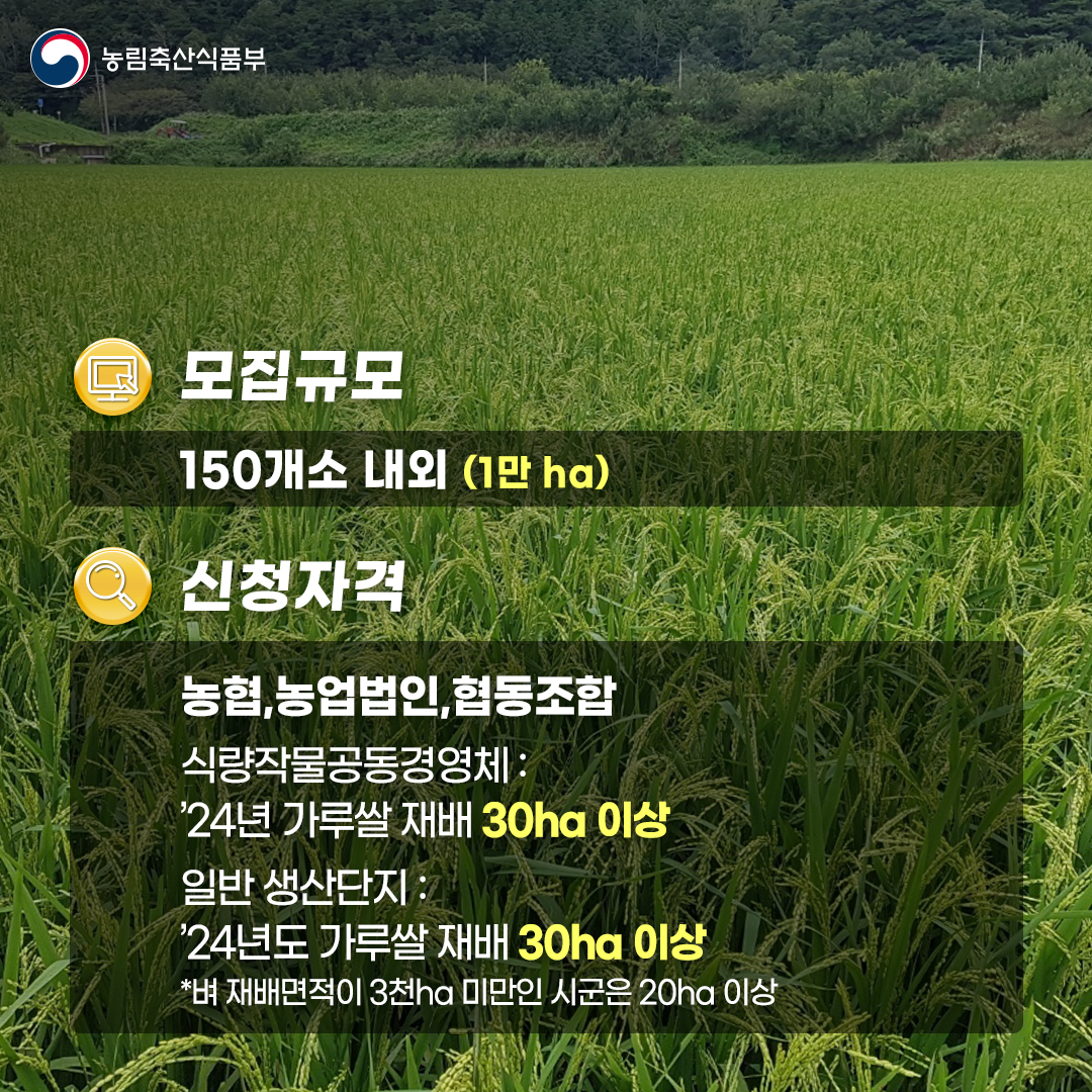  농림축산식품부 c 모집규모 150개소 내외 (1만 ha) 신청자격 농협,농업법인,협동조합 식량작물공동경영체: 24년 가루쌀 재배 30ha 이상 일반 생산단지: '24년도 가루쌀 재배 30ha 이상 *벼 재배면적이 3천ha 미만인 시군은 20ha 이상