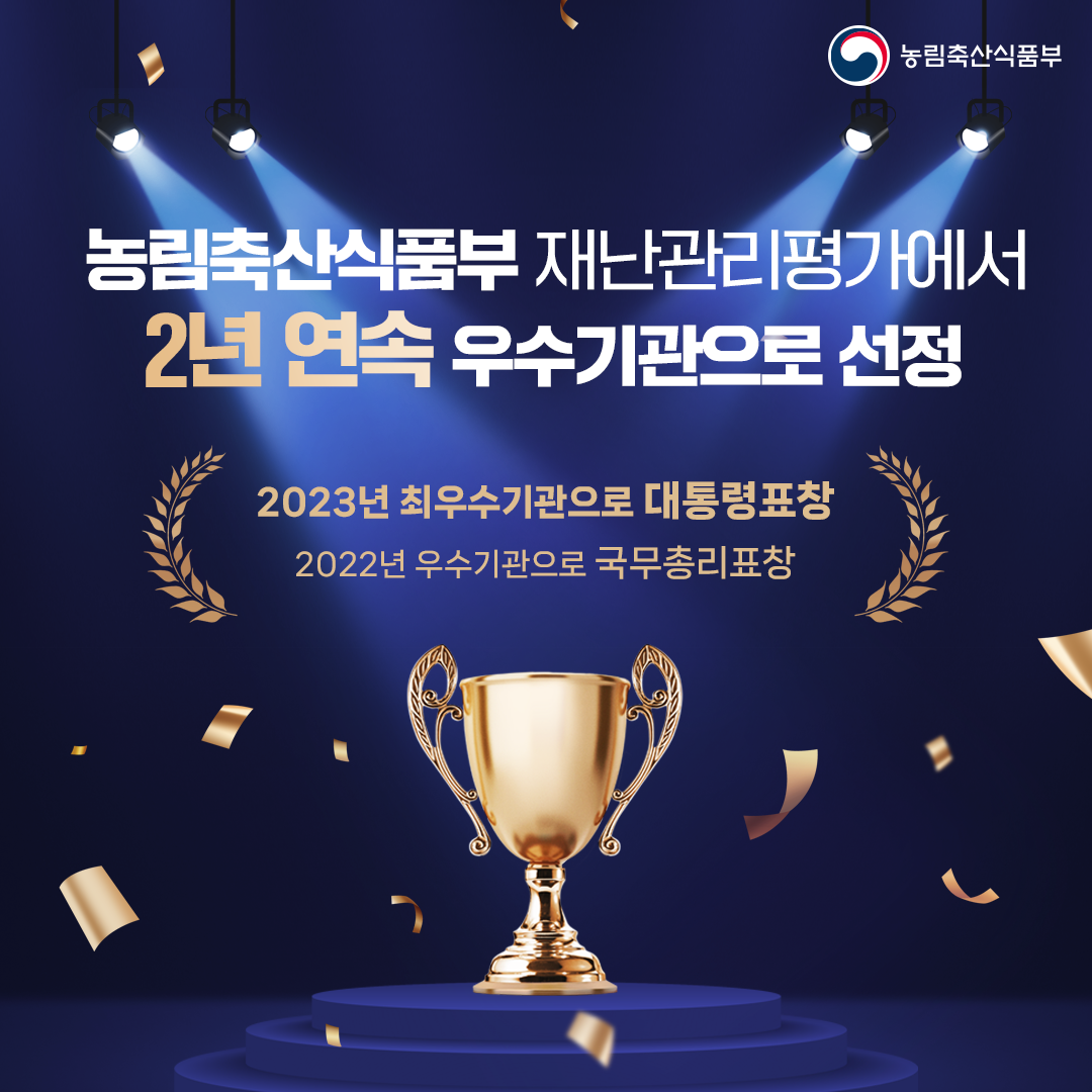  농림축산식품부 농림축산식품부 재난관리평가에서 2년 연속 우수기관으로 선정 2023년 최우수기관으로 대통령표창 2022년 우수기관으로 국무총리표창