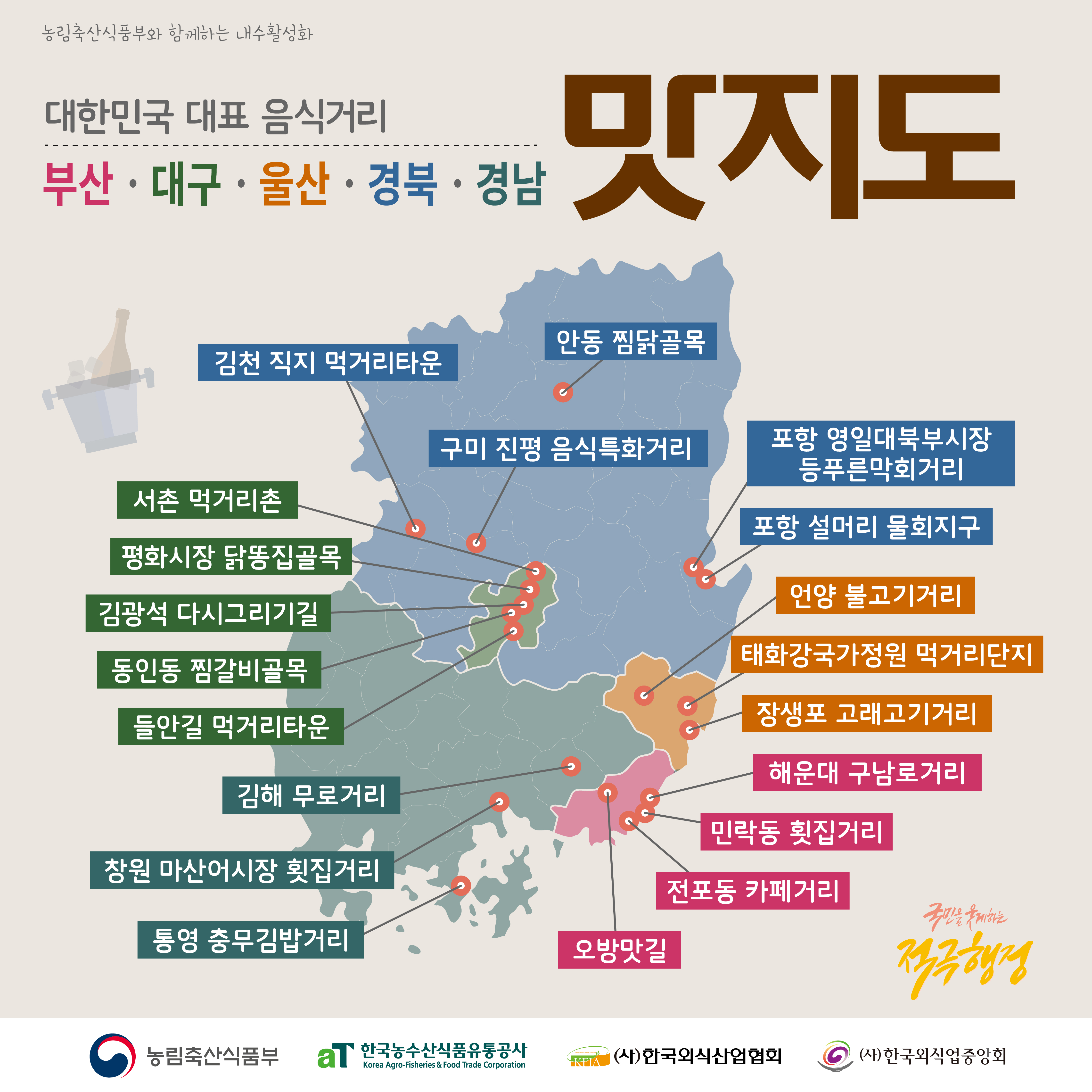  농림축산식품부와 함께하는 내수활성화 대한민국 대표 음식거리 부산·대구·울산·경북·경남 맛지도 H 김천직지 먹거리타운 안동 찜닭골목 구미 진평 음식특화거리 포항 영일대북부시장 등푸른막회거리 서촌 먹거리촌 평화시장 닭똥집골목 포항 설머리 물회지구 언양불고기거리 김광석 다시그리기길 동인동 찜갈비골목 들안길 먹거리타운 태화강국가정원 먹거리단지 장생포 고래고기거리 해운대 구남로거리 김해 무로거리 민락동 횟집거리 창원 마산어시장 횟집거리 전포동 카페거리 국민을 웃게하는 통영 충무김밥거리 오방맛길 적극행정 농림축산식품부 aT 한국농수산식품유통공사 Korestry Achat Korea Agro-Fisheries & Food Trade Corporation KFIA (사)한국외식산업협회 ᄋ (사)한국외식업중앙회