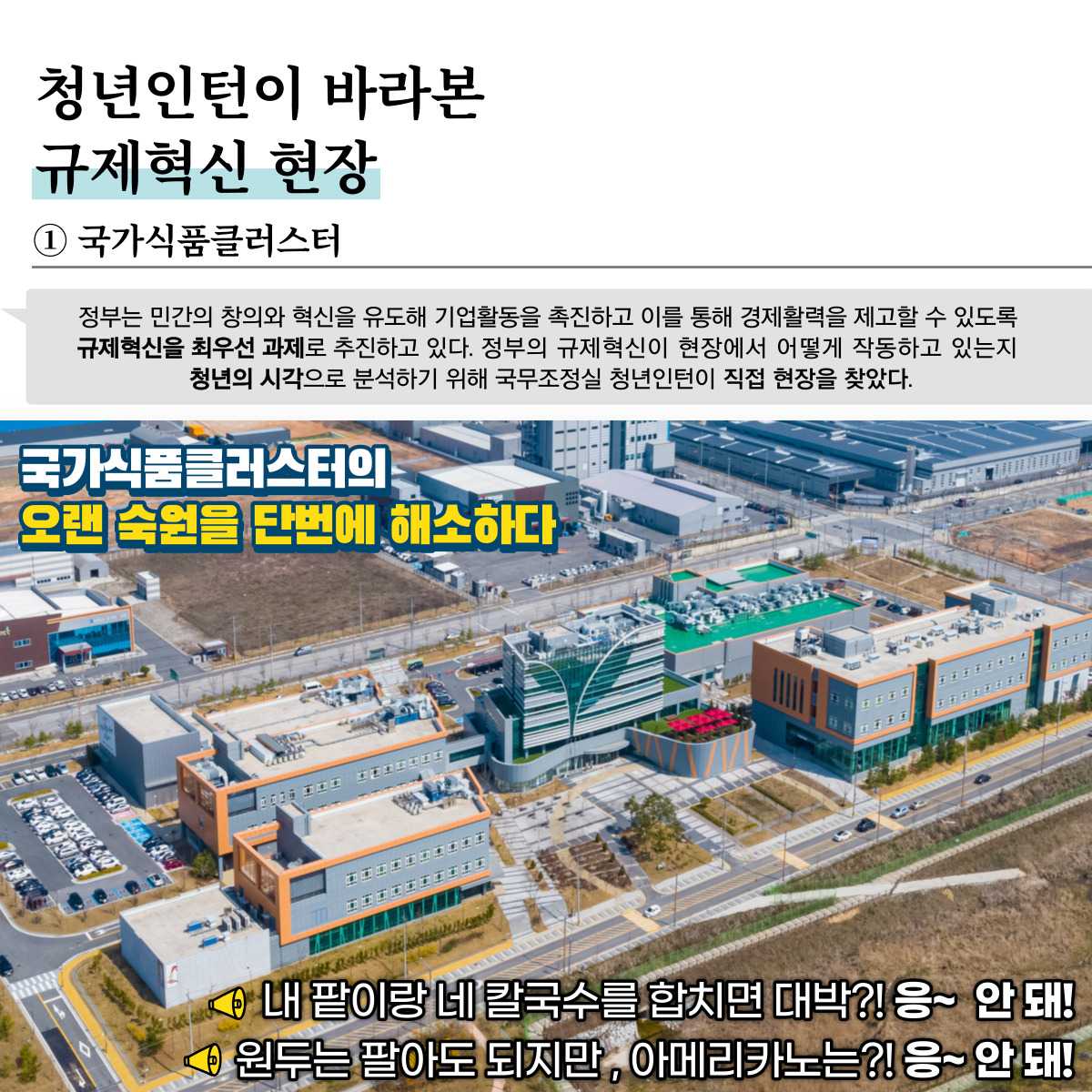 청년인턴이 바라본 규제혁신 현장 1 국가식품클러스터 정부는 민간의 창의와 혁신을 유도해 기업활동을 촉진하고 이를 통해 경제활력을 제고할 수 있도록 규제혁신을 최우선 과제로 추진하고 있다. 정부의 규제혁신이 현장에서 어떻게 작동하고 있는지 청년의 시각으로 분석하기 위해 국무조정실 청년인턴이 직접 현장을 찾았다. 국가식품클러스터의 오랜 숙원을 단번에 해소하다 내 팥이랑 네 칼국수를 합치면 대박?! 응~ 안돼! 원두는 팔아도 되지만, 아메리카노는?! 응~ 안 돼!