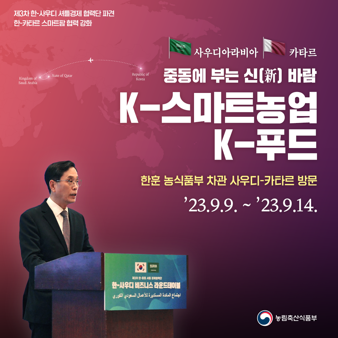 제3차 한-사우디 셔틀경제협력단 파견 한-카타르 스마트팜협력 강화 사우디아라비아 카타르 중동에 부는 신(新) 바람 K-스마트농업 K-푸드 한문 농식품부 차관 사우디-카타르 방문 '23.9.9. ~ '23.9.14. 농림축산식품부