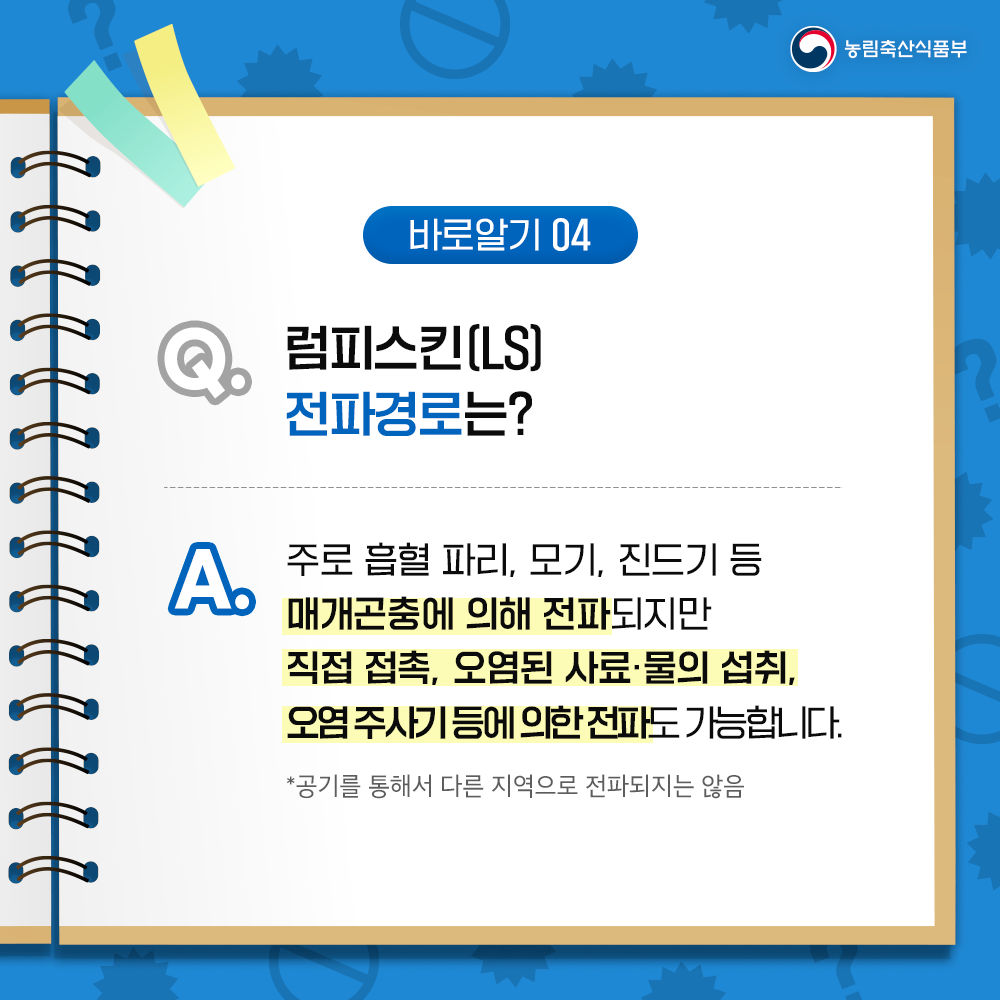 농림축산식품부 바로알기 04 럼피스킨(LSD] 전파경로는? A. 주로 흡혈 파리, 모기, 진드기 등 매개곤충에 의해 전파되지만 직접 접촉, 오염된 사료물의 섭취, 오염주사기 등에 의한 전파도 가능합니다. *공기를 통해서 다른 지역으로 전파되지는 않음