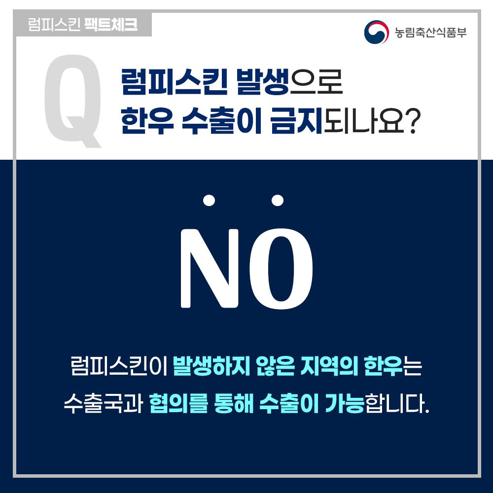 럼피스킨팩트체크 럼피스킨 발생으로 농림축산식품부 한우 수출이 금지되나요? NO 럼피스킨이 발생하지 않은 지역의 한우는 수출국과 협의를 통해 수출이 가능합니다.