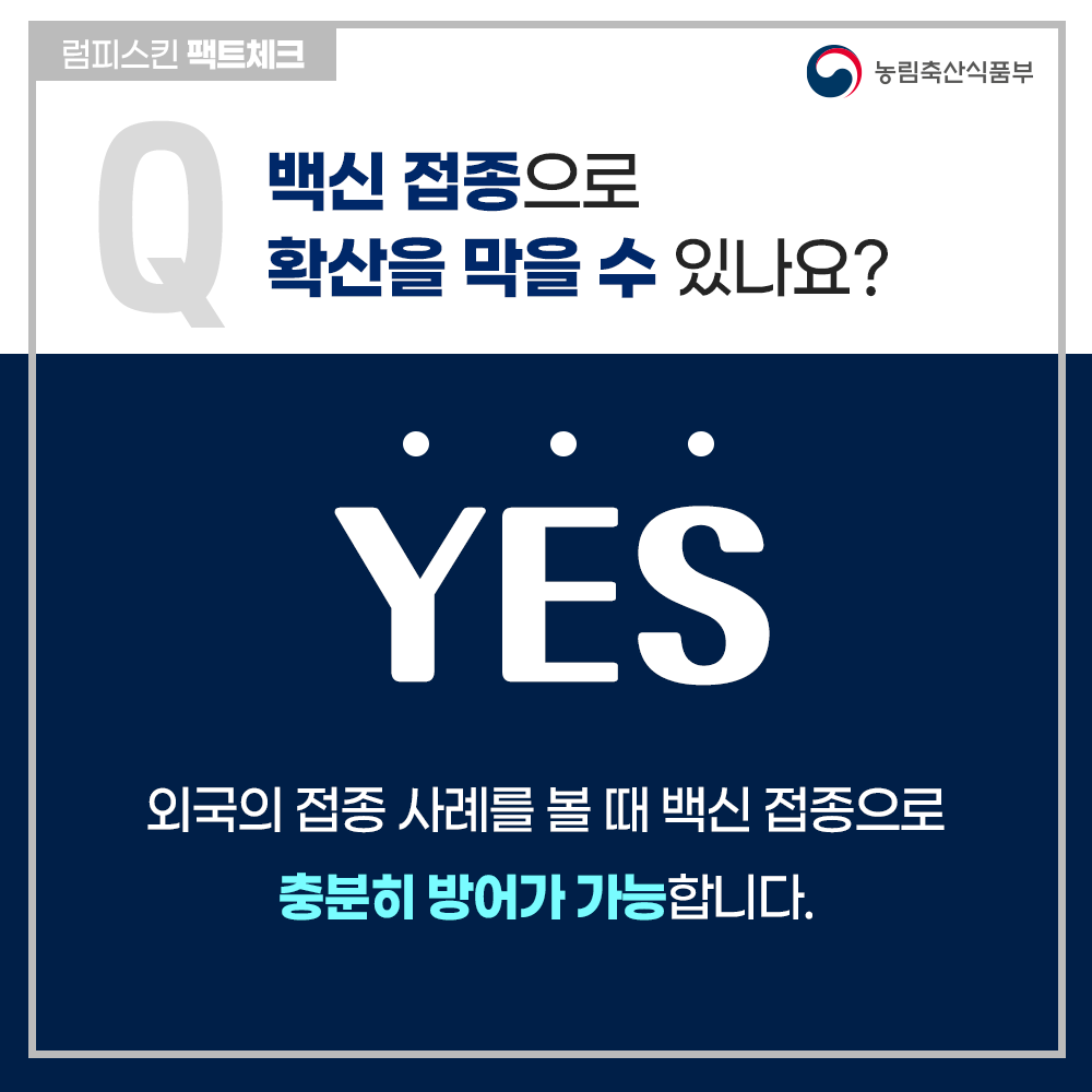 럼피스킨팩트체크 농림축산식품부 백신 접종으로 확산을 막을 수 있나요? YES 1. 외국의 접종 사례를 볼 때 백신 접종으로 충분히 방어가 가능합니다. 2. 사전에 비축중인 백신 54만 마리 분량 이외 4백만 마리 분을 추가 수입하여 전국 모든 소에 대해 백신을 접종할 계획입니다.