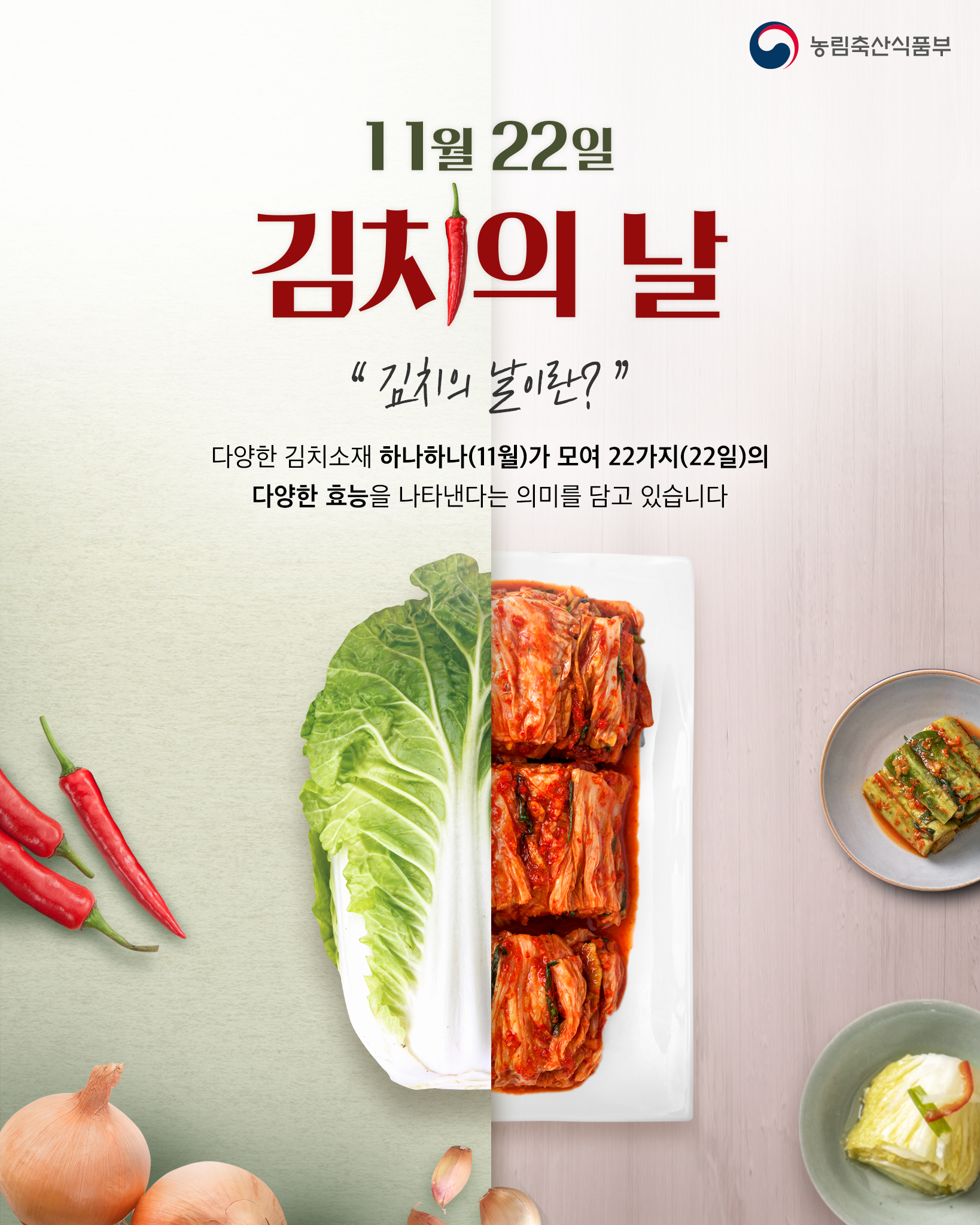 11월 22일 김치의 날입니다. 김치의 날이란?다양한 김치소재 하나나(11월)가 모여 22가지(22일)의 다양한 효능을 나타낸다는 의미를 담고 있습니다.