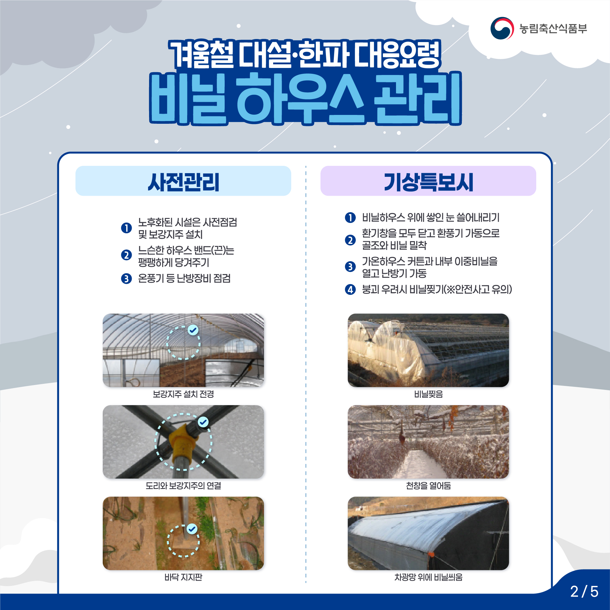 겨울철 대설·한파대응요령 비닐하우스 관리 사전관리 1. 노후화된 시설은 사전점검 및 보강지주 설치 2. 느슨한 하우스 밴드(끈)는 팽팽하게 당겨주기 3. 온풍기 등 난방장비 점검  기상특보시 1 비닐하우스 위에 쌓인 눈 쓸어내리기 2. 환기창을 모두 닫고 환풍기 가동으로 골조와 비닐 밀착기 3. 가온하우스 커튼과 내부 이중비닐을 열고 난방기 가동 4. 붕괴 우려시 비닐찢기(※안전사고 유의) 2/5