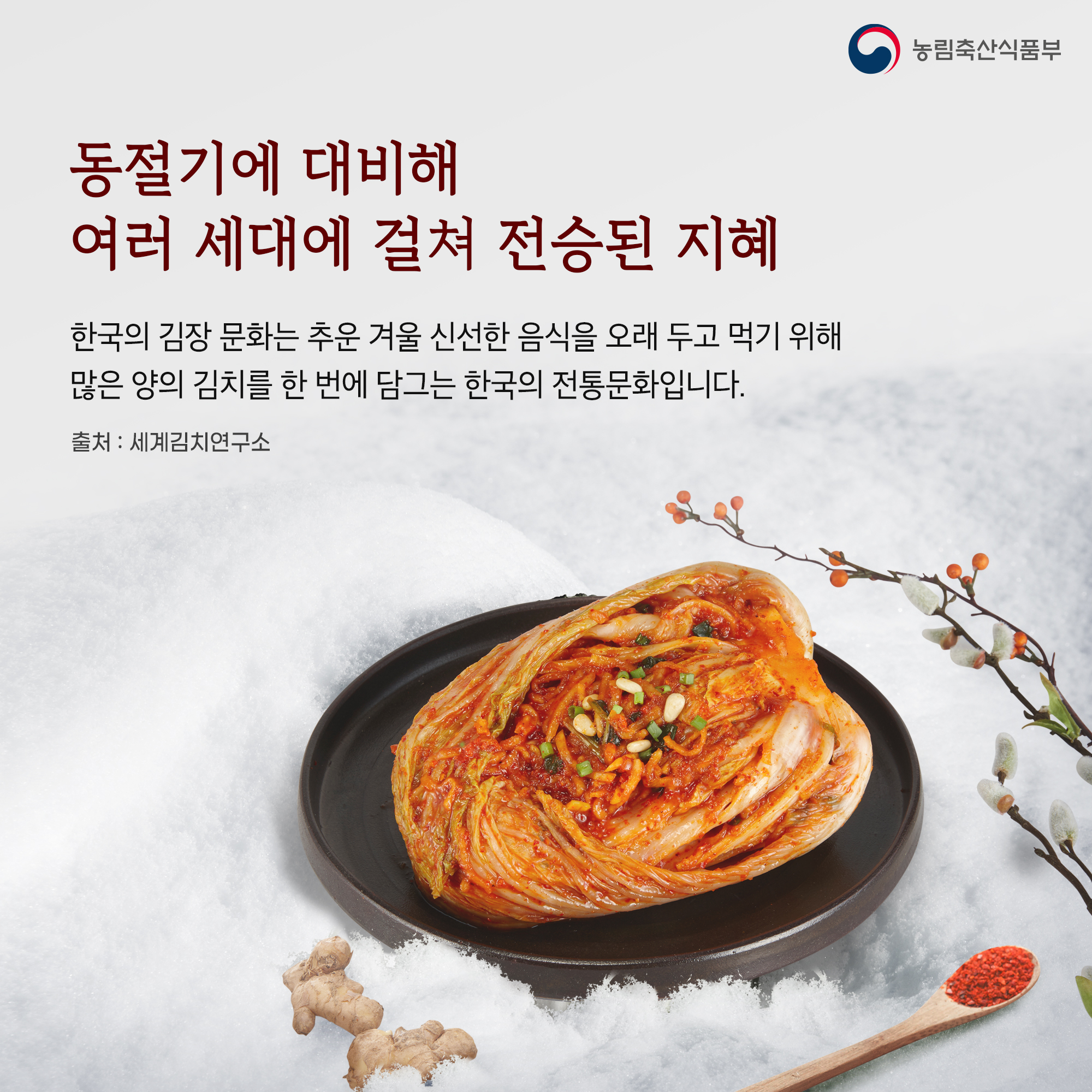 동절기에 대비해 여러 세대에 걸쳐 전승된 지혜 한국의 김장문화는 추운 겨울 신선한 음식을 오래 두고 먹기 위해 많은 양의 김치를 한 번에 담그는 한국의 전통문화입니다. 출처: 세계김치연구소 농림축산식품부
