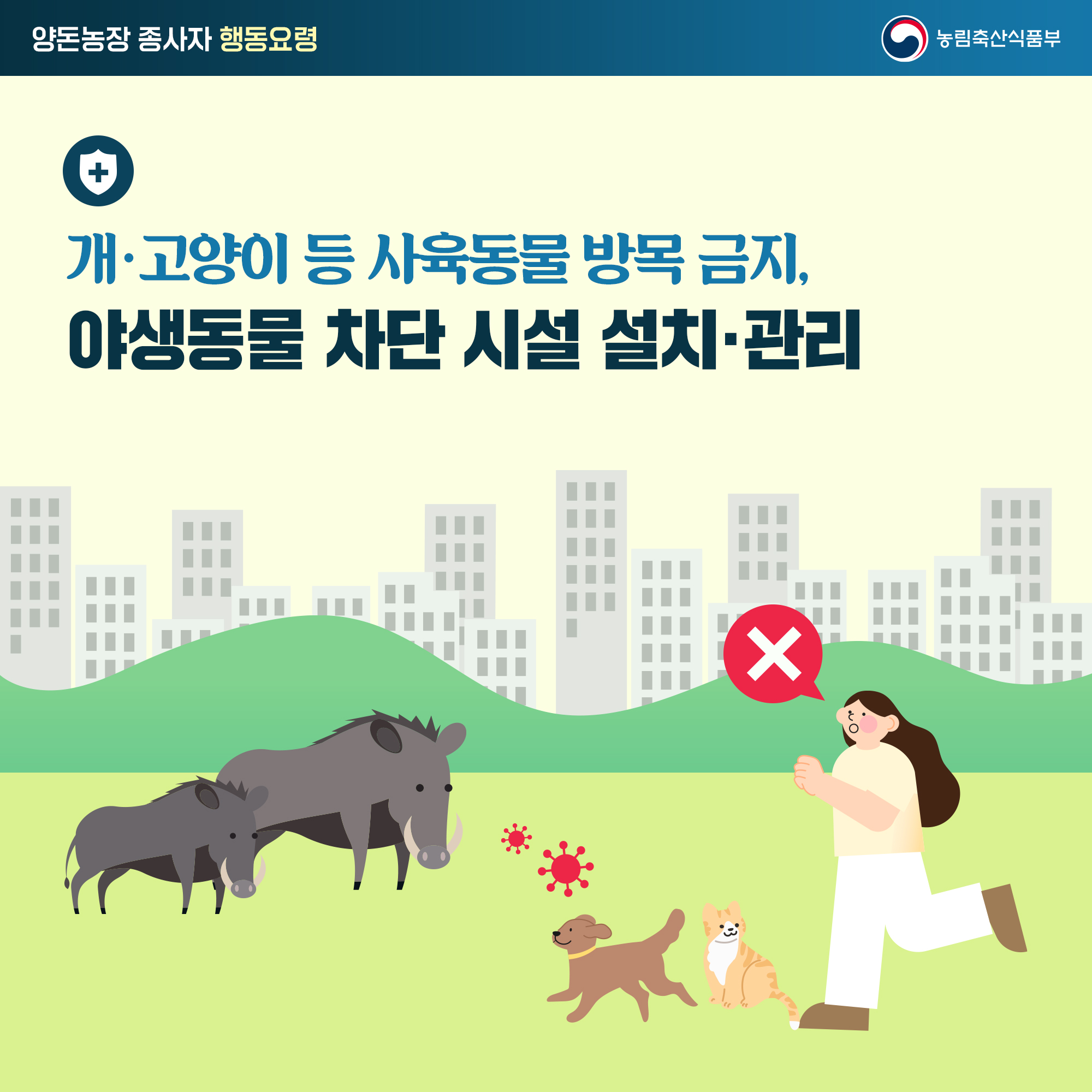 양돈농장 종사자 행동요령 개·고양이 등 사육동물 방목 금지, 야생동물 차단 시설 설치·관리 농림축산식품부
