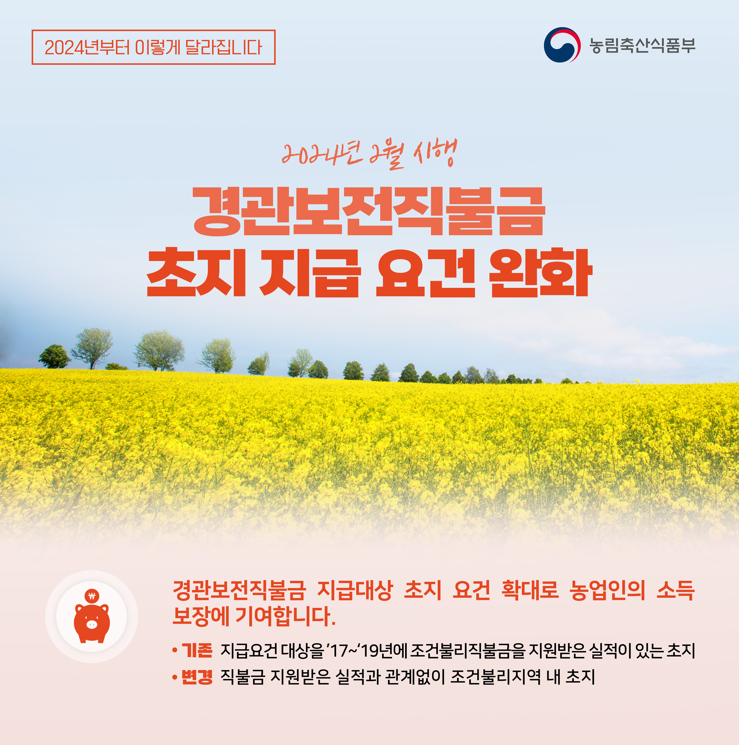 2024년부터 이렇게 달라집니다  2024년 2월 시행 경관보전직불금 초지 지급 요건 완화 농림축산식품부 경관보전직불금 지급대상 초지 요건 확대로 농업인의 소득 보장에 기여합니다. 기존 지급요건 대상을 17~19년에 조건불리직불금을 지원받은 실적이 있는 초지 변경 직불금 지원받은 실적과 관계없이 조건불리지역 내 초지