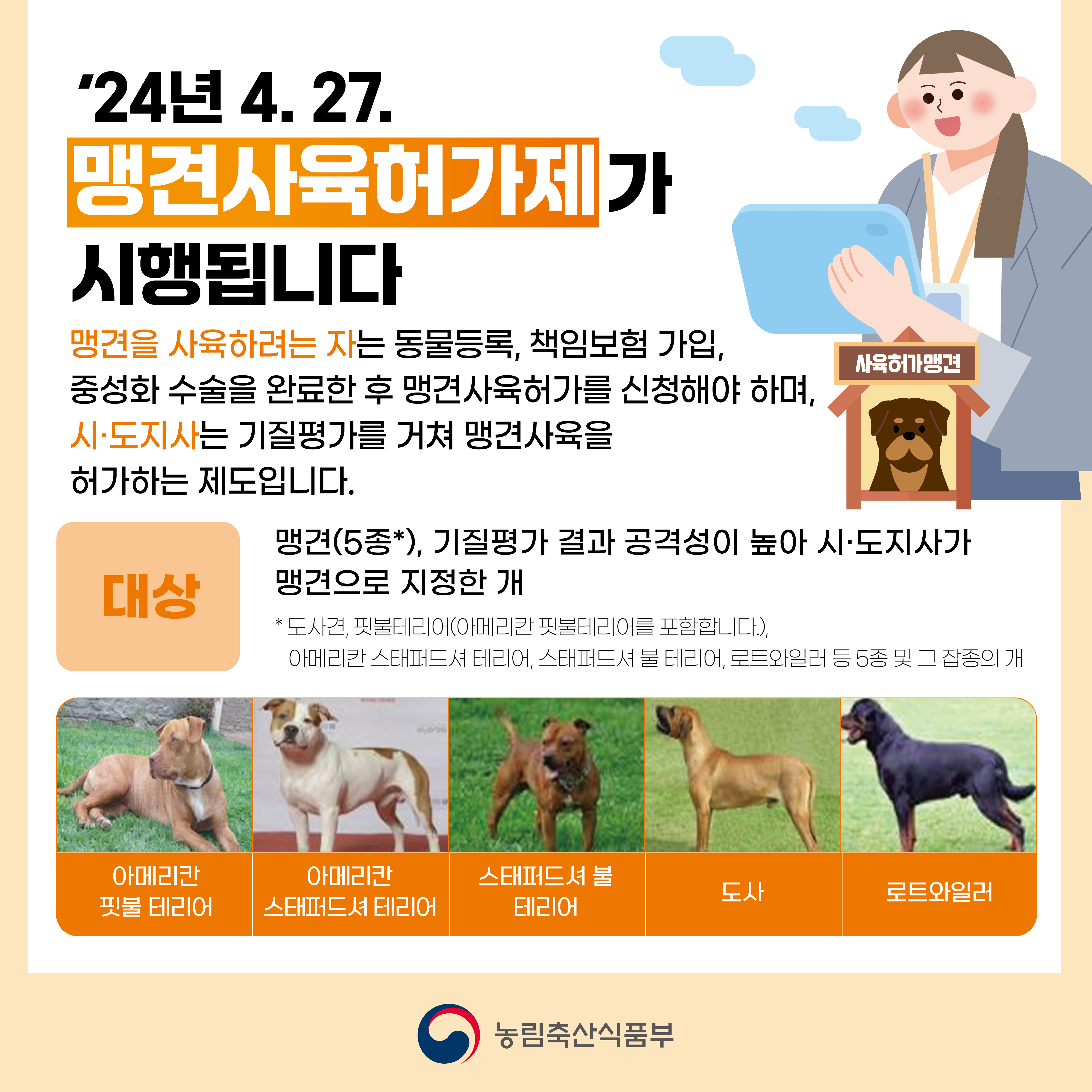 24년 4. 27. 맹견사육허가제가 시행됩니다 맹견을 사육하려는 자는 동물등록, 책임보험 가입, 사육허가맹견 중성화 수술을 완료한 후 맹견사육허가를 신청해야 하며, 시·도지사는 기질평가를 거쳐 맹견사육을 허가하는 제도입니다. 대상: 맹견(5종), 기질평가 결과 공격성이 높아 시·도지사가 맹견으로 지정한 개 *도사견, 핏불테리어(아메리칸 핏불테리어를 포함합니다.), 아메리칸 스태퍼드셔 테리어, 스태퍼드셔 불 테리어, 로트와일러 등 5종 및 그 잡종의 개 아메리칸 핏불 테리어, 아메리칸 스태퍼드셔 테리어, 스태퍼드셔 불 테리어, 로트와일러 농림축산식품부