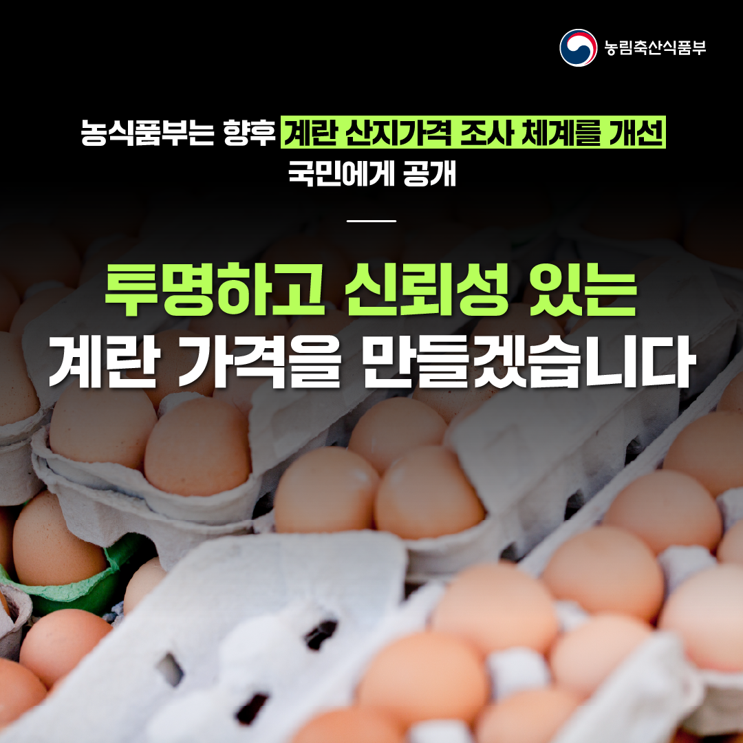 농식품부는 향후 계란 산지가격 조사 체계를 개선 국민에게 공개, 투명하고 신뢰성 있는 계란 가격을 만들겠습니다.