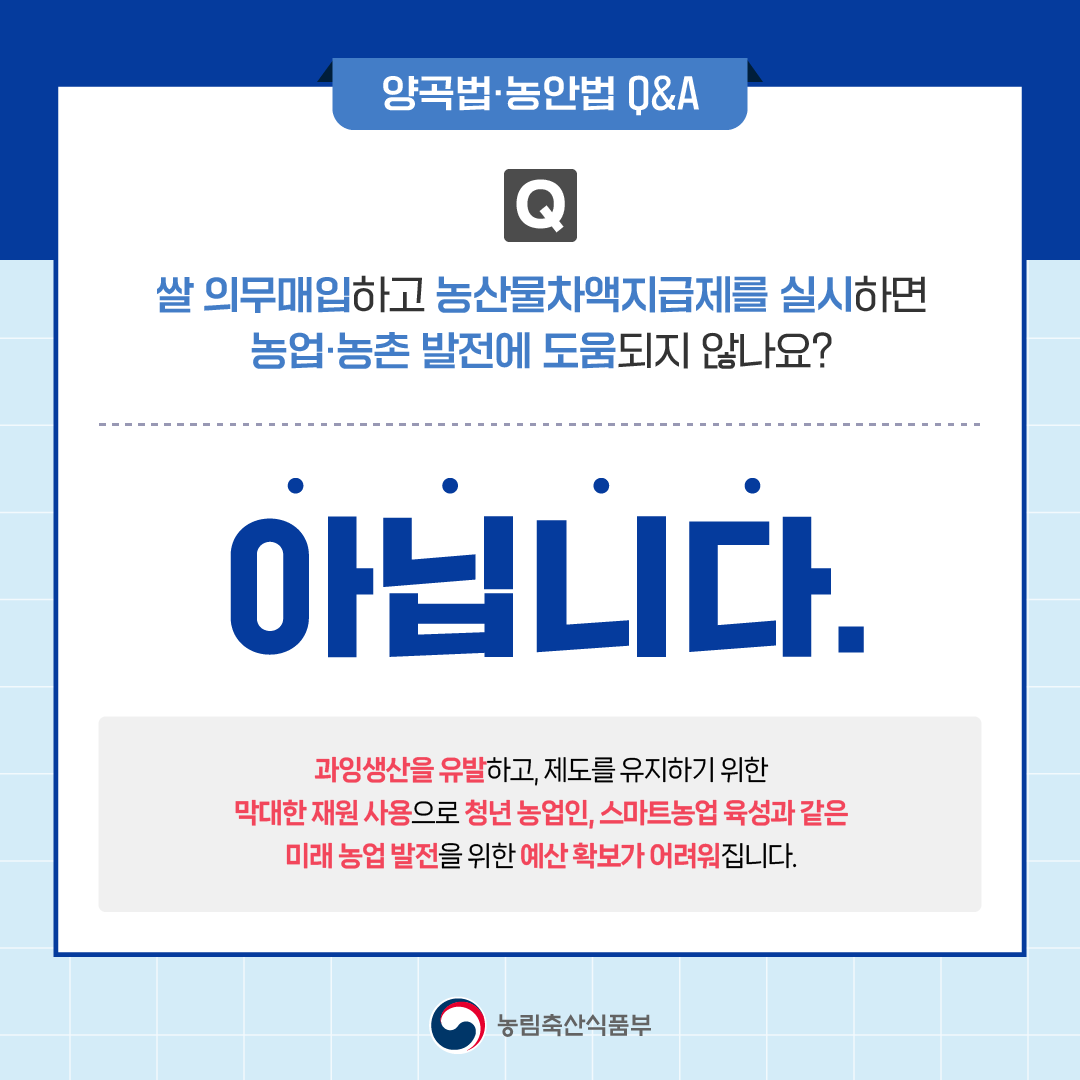 양곡법·농안법 q&a, (q) 쌀 의무매입하고 농산물차액지급제를 실시하면 농업·농촌 발전에 도움되지 않나요? 아닙니다! 과잉생산을 유발하고, 제도를 유지하기 위한 막대한 재원 사용으로 청년 농업인, 스마트농업 육성과 같은 미래 농업 발전을 위한 예산 확보가 어려워집니다.