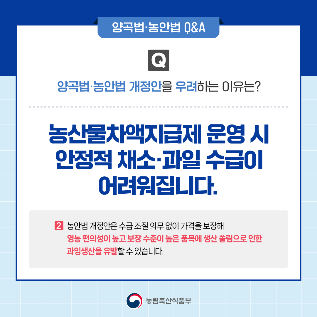 양곡법·농안법 Q&A, Q.양곡법, 농안법 개정안을 우려하는 이유는? 농산물차액지급제 운영 시 안정적 채소, 과일 수급이 어려워집니다. 2.농안법 개정안은 수급 조절 의무 없이 가격을 보장해 영농 편의성은 높고  보장 수준이 높은 품목에 생산 쏠림으로 인한 과잉생산을 유발할 수 있습니다.